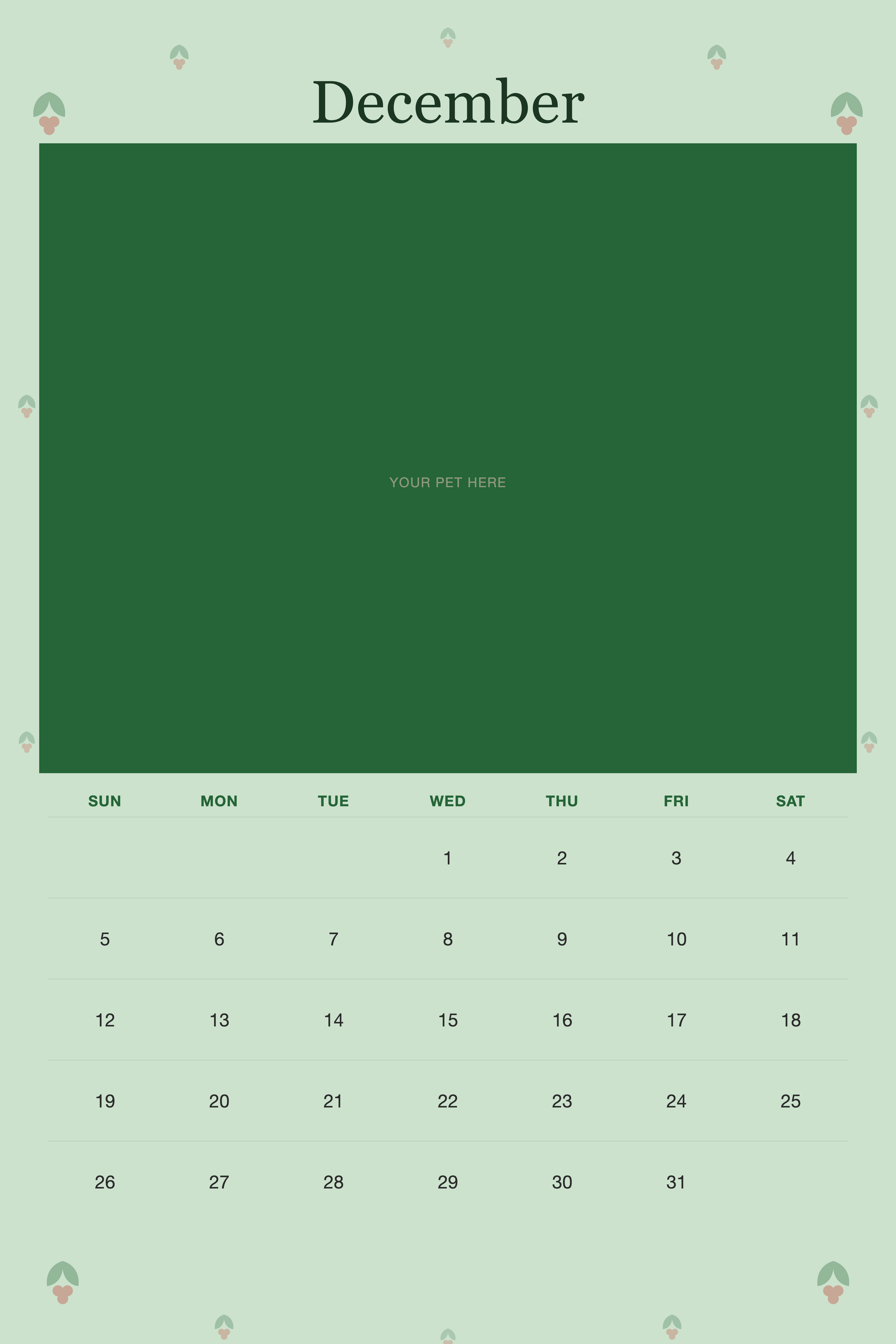 December page of the Personalized Pet Photo Wall Calendar 2027, with a photo area above the date grid