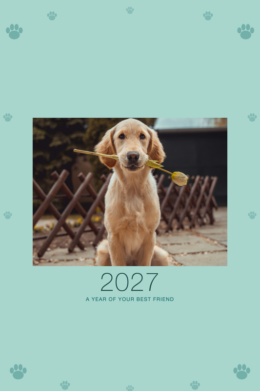Personalized Pet Photo Wall Calendar 2027 shown with a sample pet photo on the cover