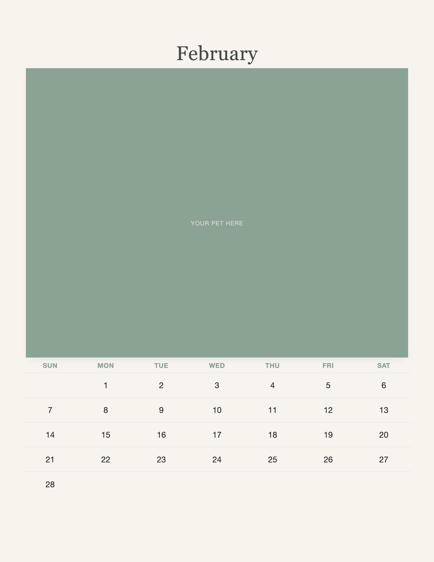 February page of the Watercolor Pet Photo Calendar 2027 — Botanical Keepsake, with a photo area above the date grid
