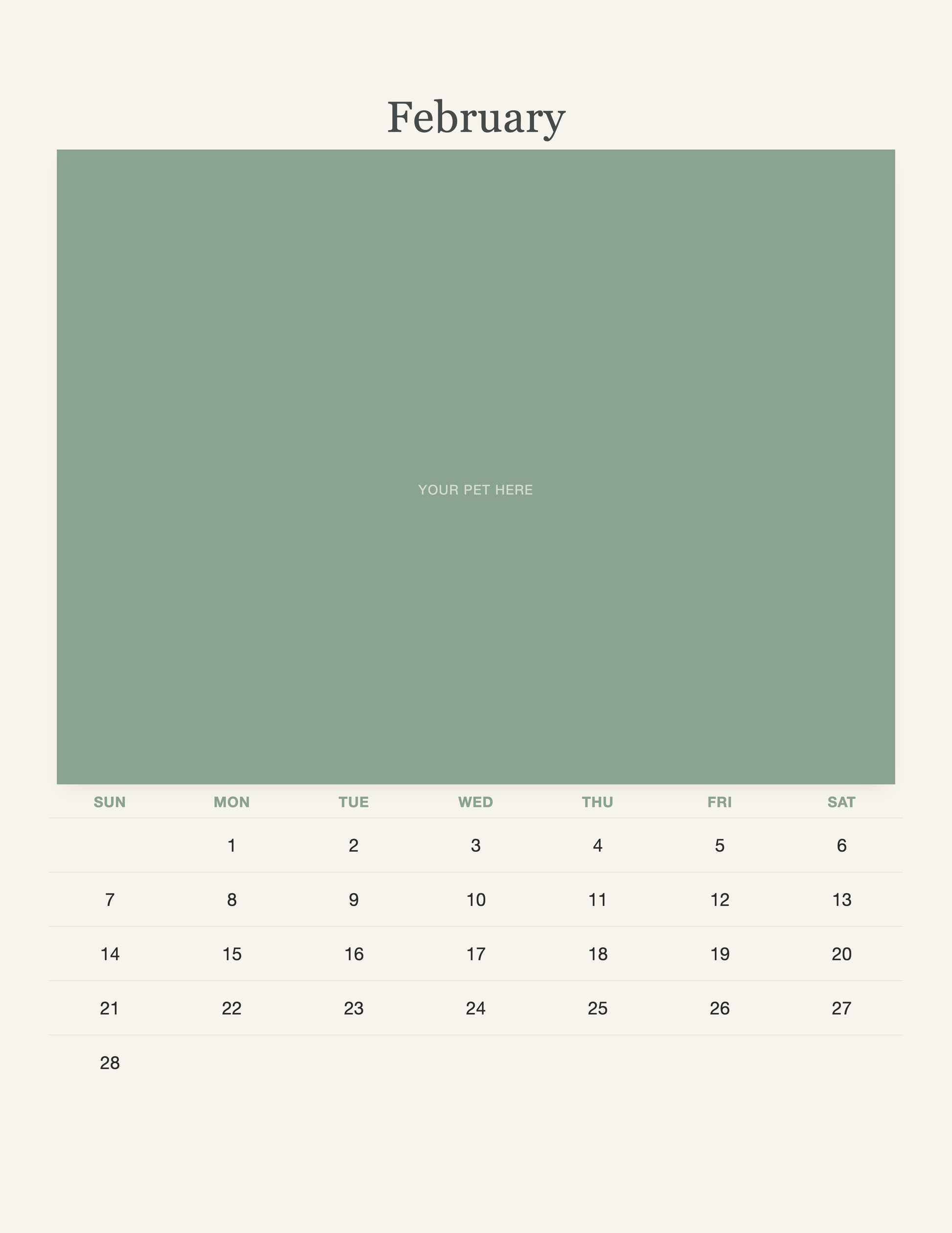 February page of the Watercolor Pet Photo Calendar 2027 — Botanical Keepsake, with a photo area above the date grid