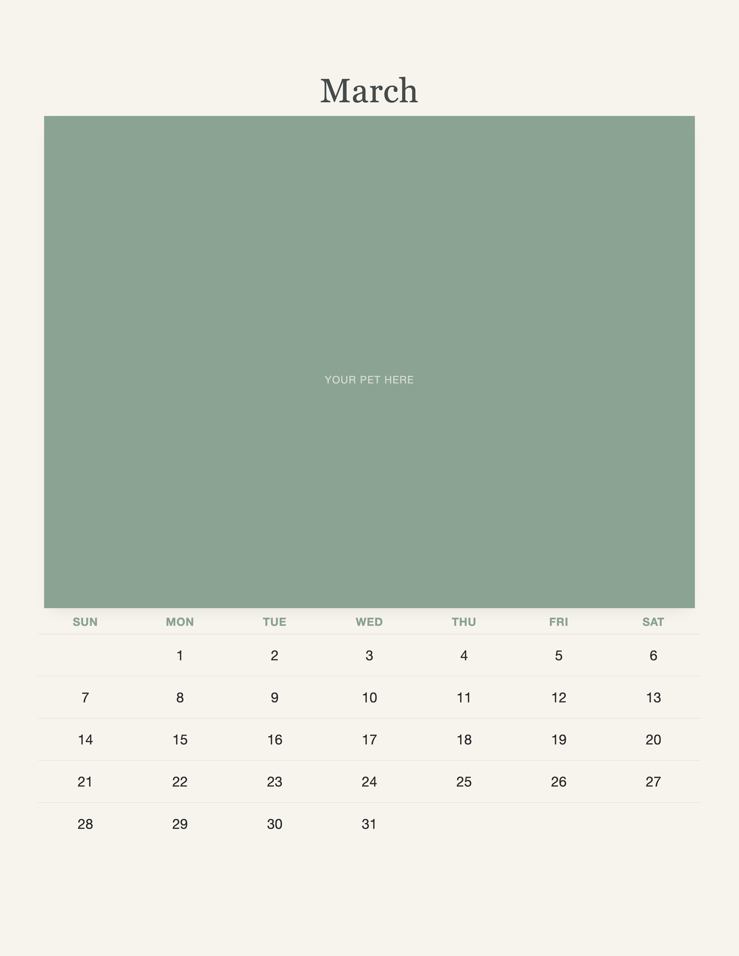 March page of the Watercolor Pet Photo Calendar 2027 — Botanical Keepsake, with a photo area above the date grid
