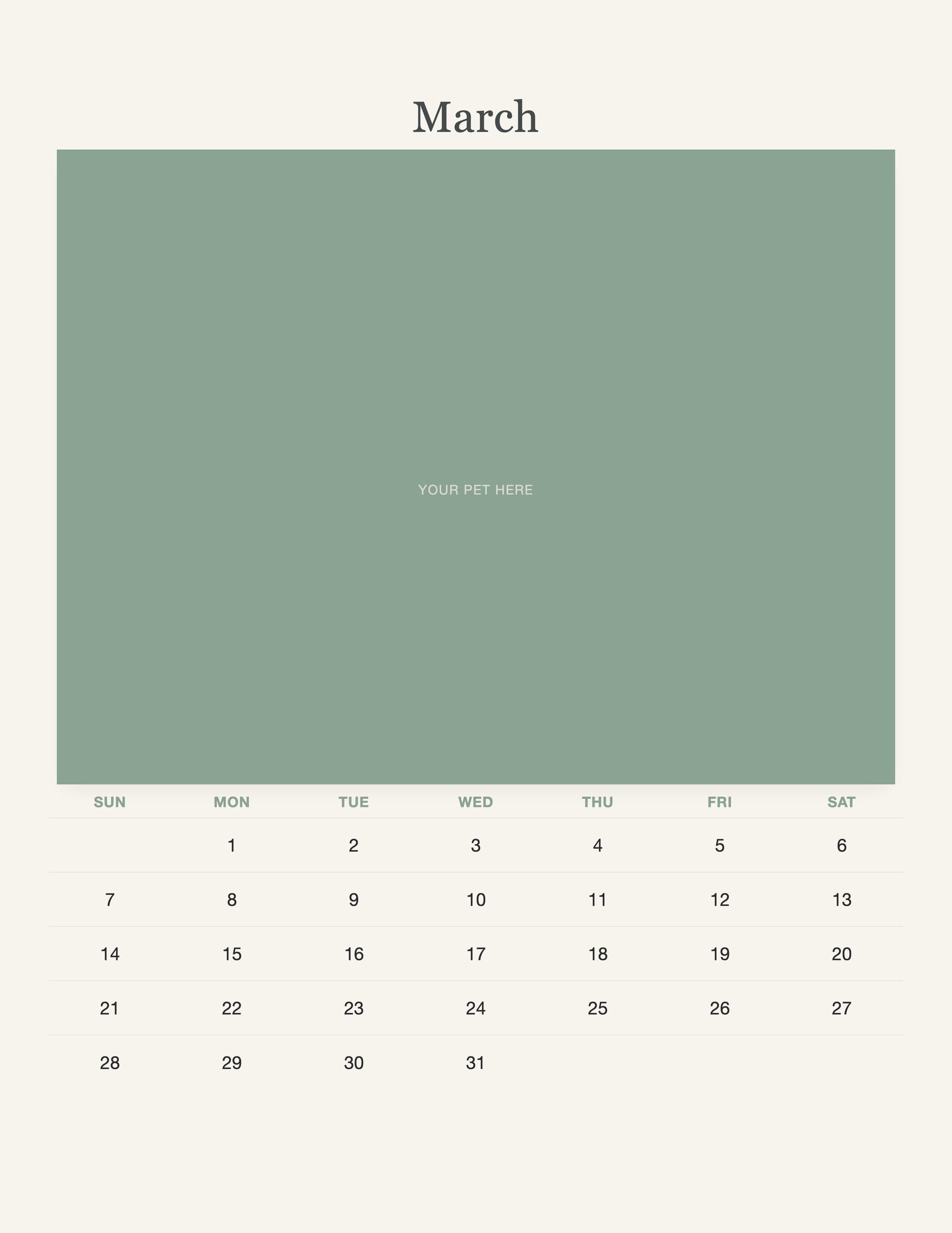 March page of the Watercolor Pet Photo Calendar 2027 — Botanical Keepsake, with a photo area above the date grid