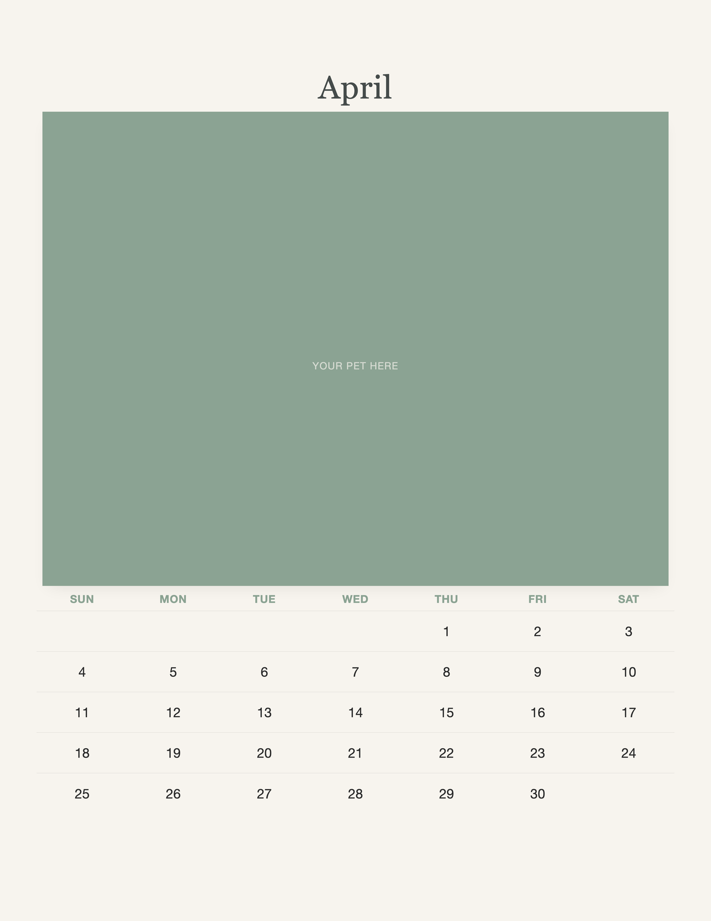April page of the Watercolor Pet Photo Calendar 2027 — Botanical Keepsake, with a photo area above the date grid