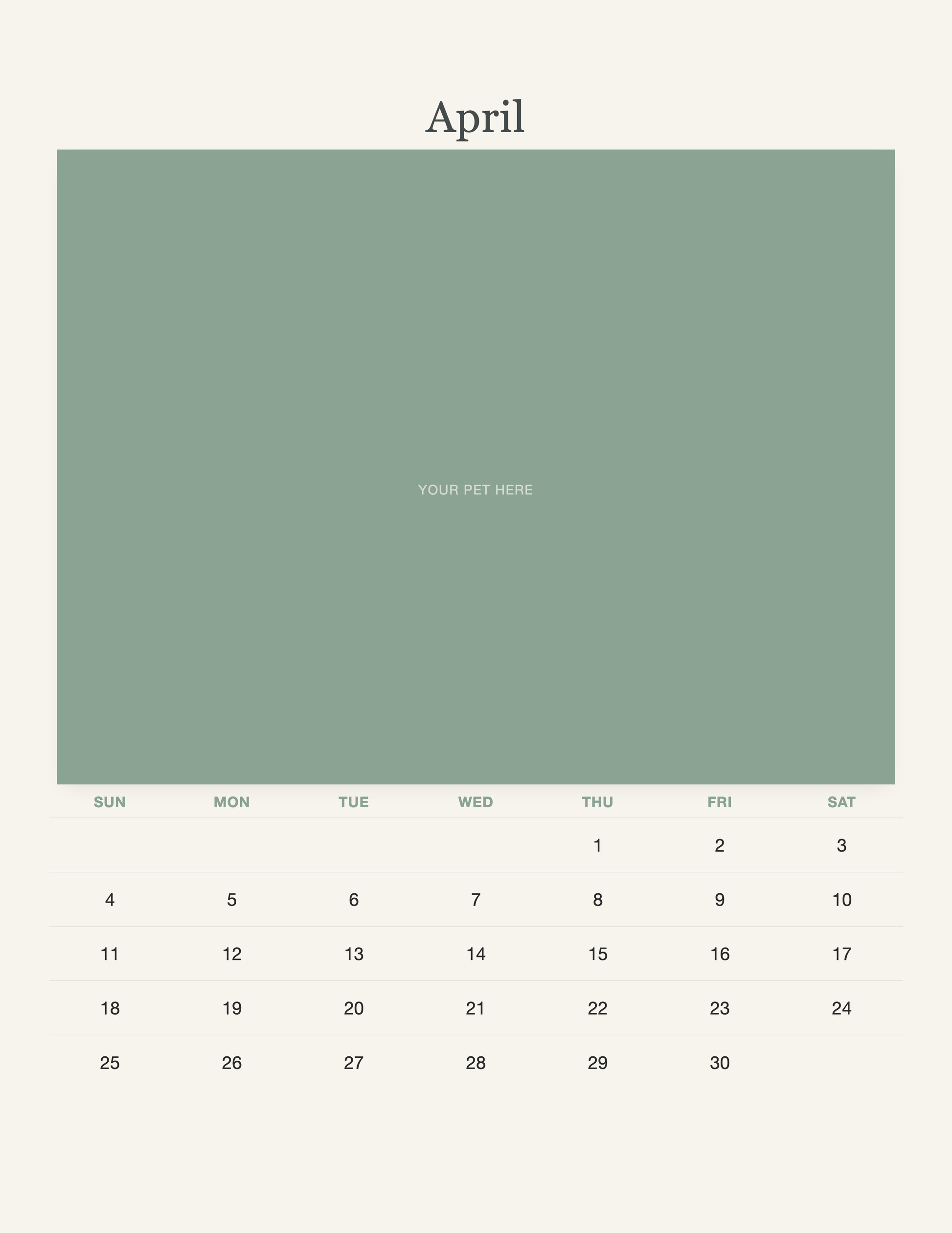 April page of the Watercolor Pet Photo Calendar 2027 — Botanical Keepsake, with a photo area above the date grid