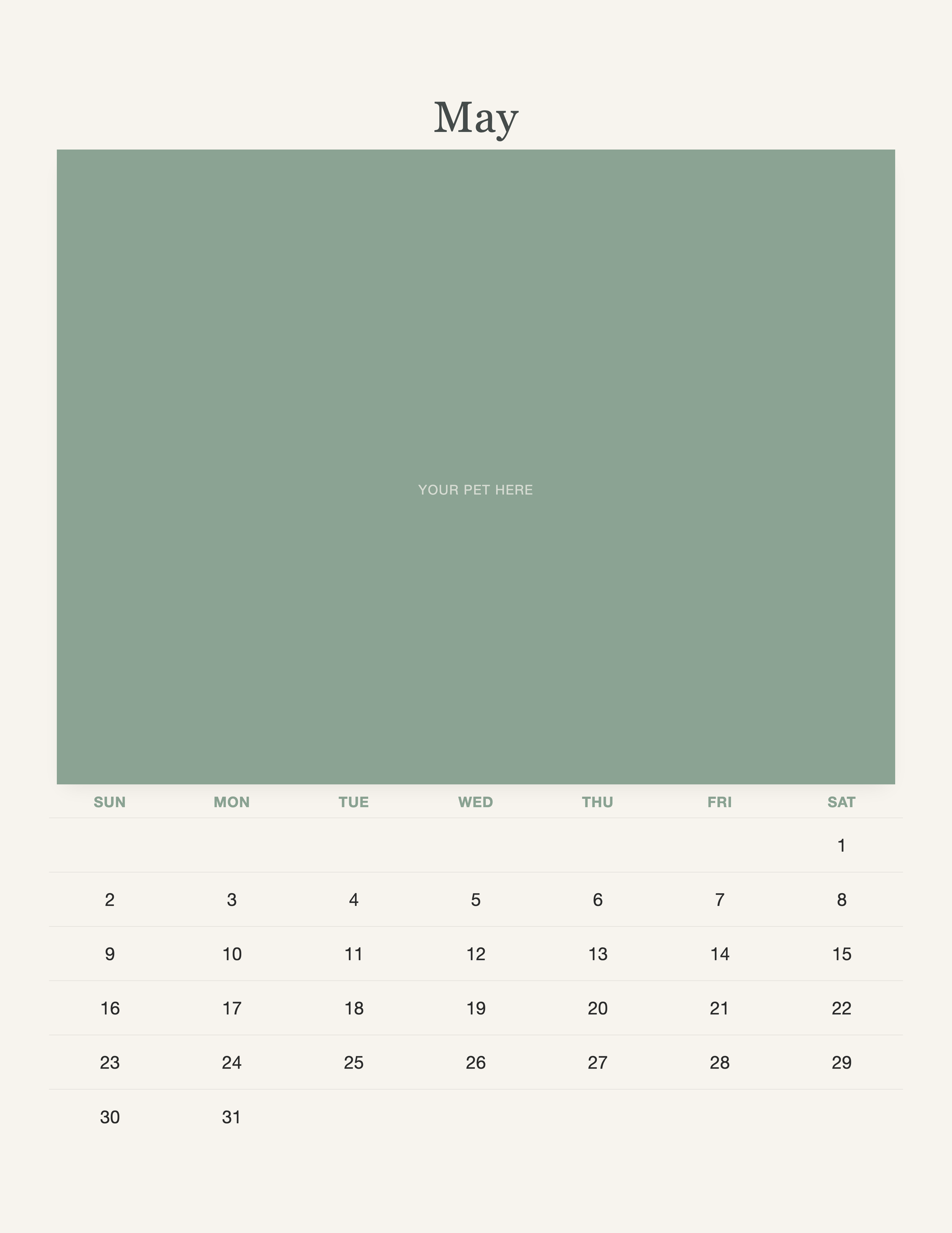 May page of the Watercolor Pet Photo Calendar 2027 — Botanical Keepsake, with a photo area above the date grid