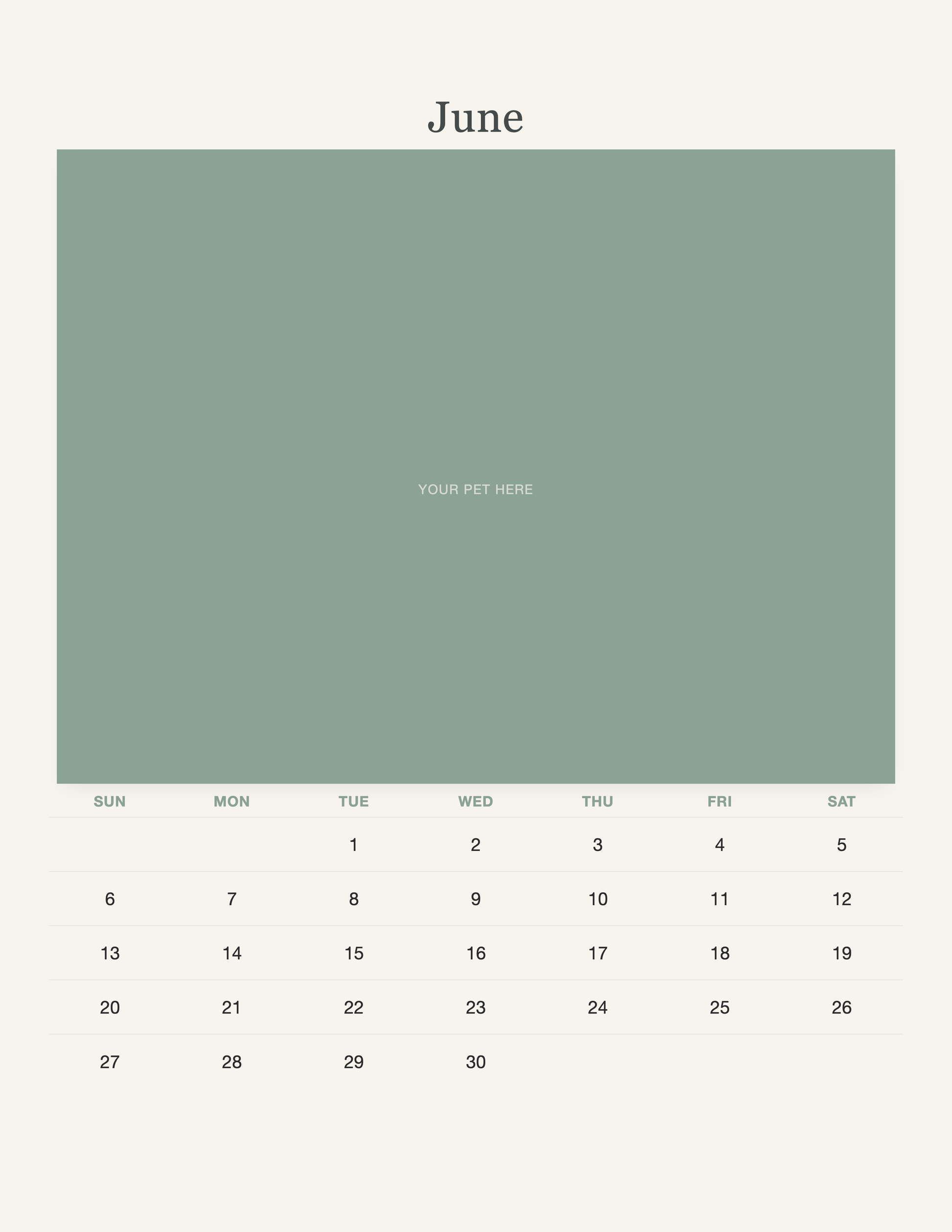 June page of the Watercolor Pet Photo Calendar 2027 — Botanical Keepsake, with a photo area above the date grid