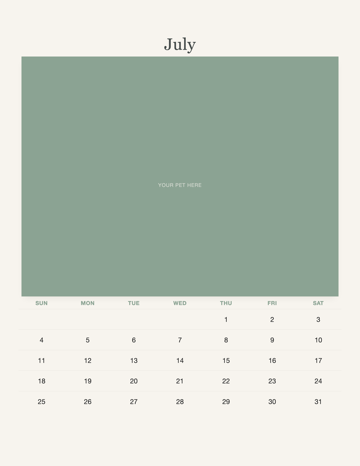 July page of the Watercolor Pet Photo Calendar 2027 — Botanical Keepsake, with a photo area above the date grid