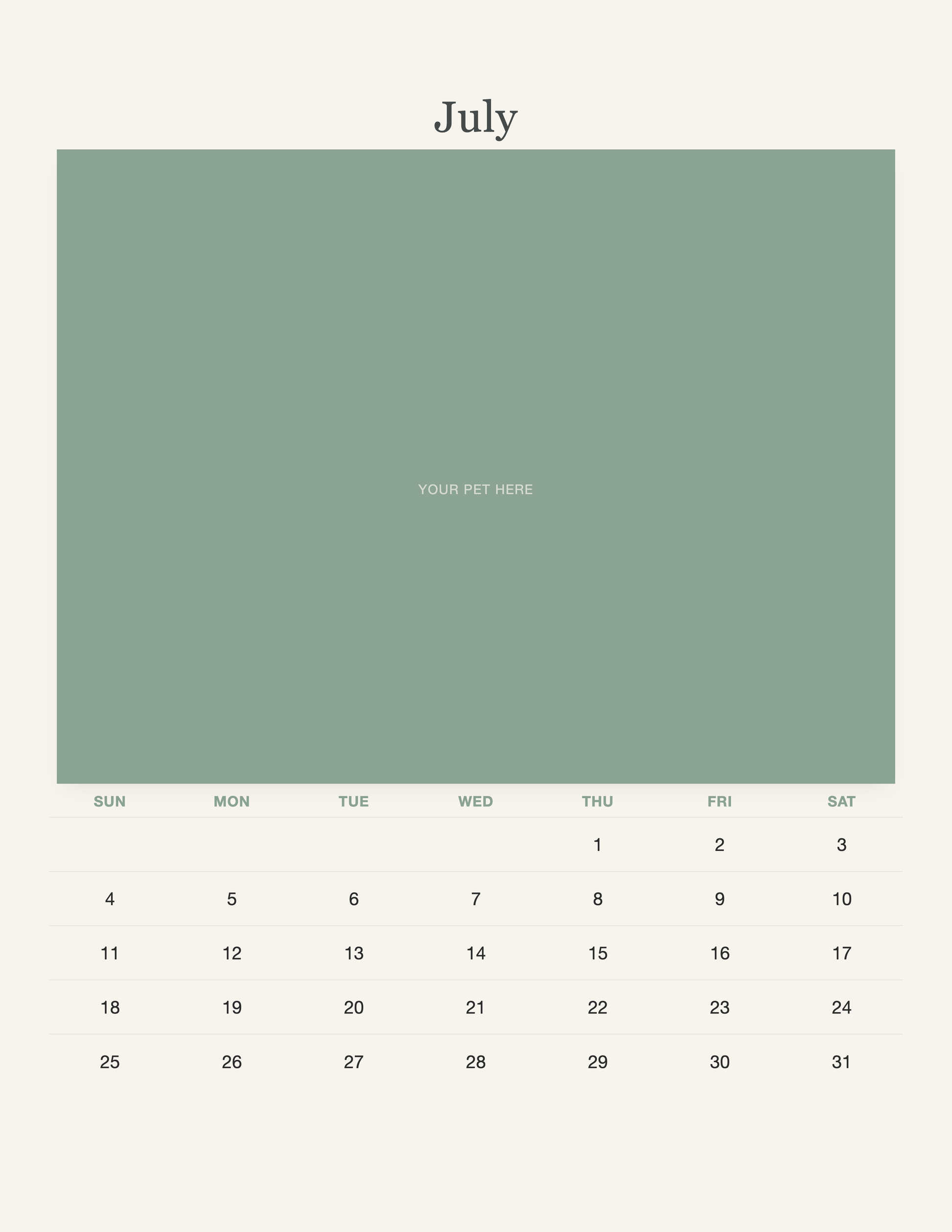 July page of the Watercolor Pet Photo Calendar 2027 — Botanical Keepsake, with a photo area above the date grid