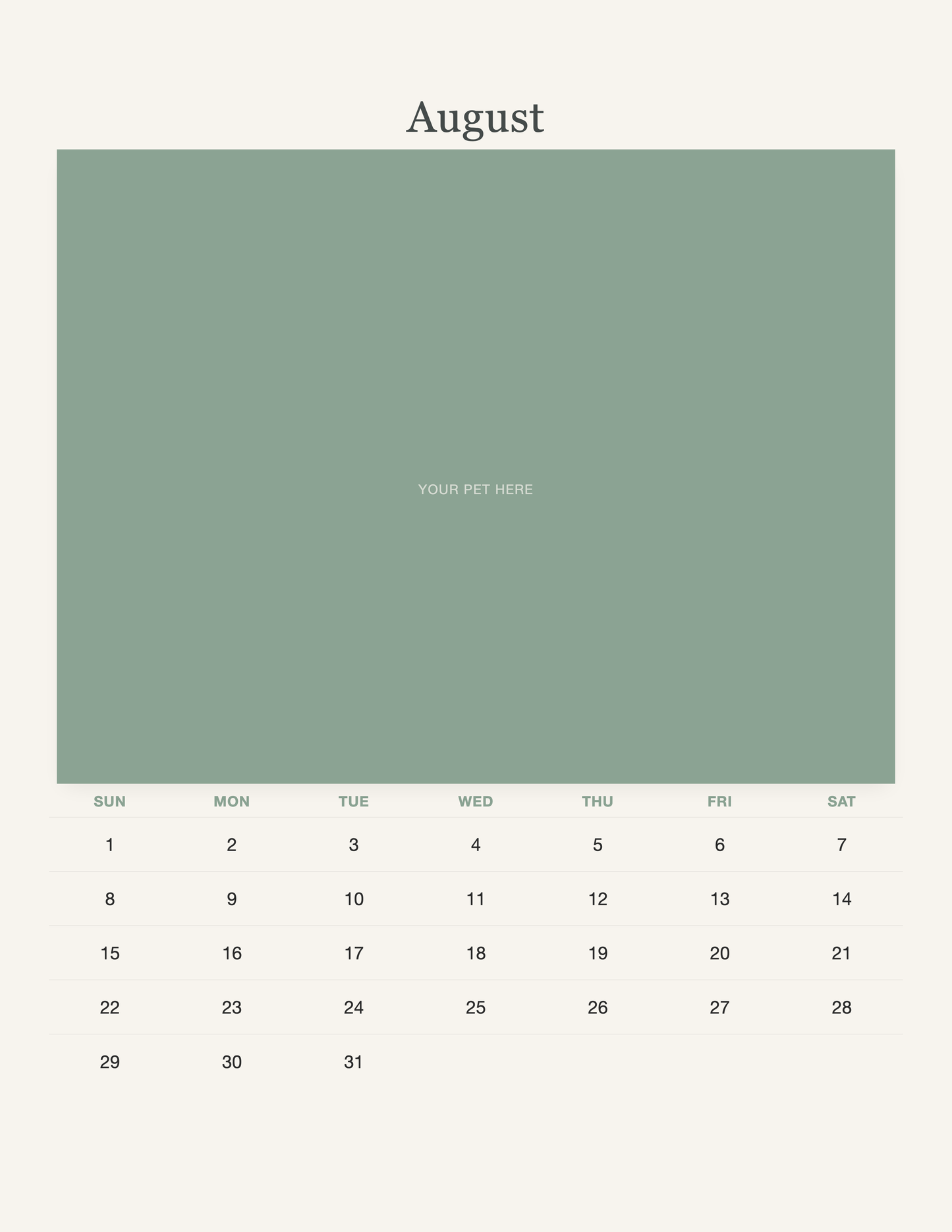 August page of the Watercolor Pet Photo Calendar 2027 — Botanical Keepsake, with a photo area above the date grid