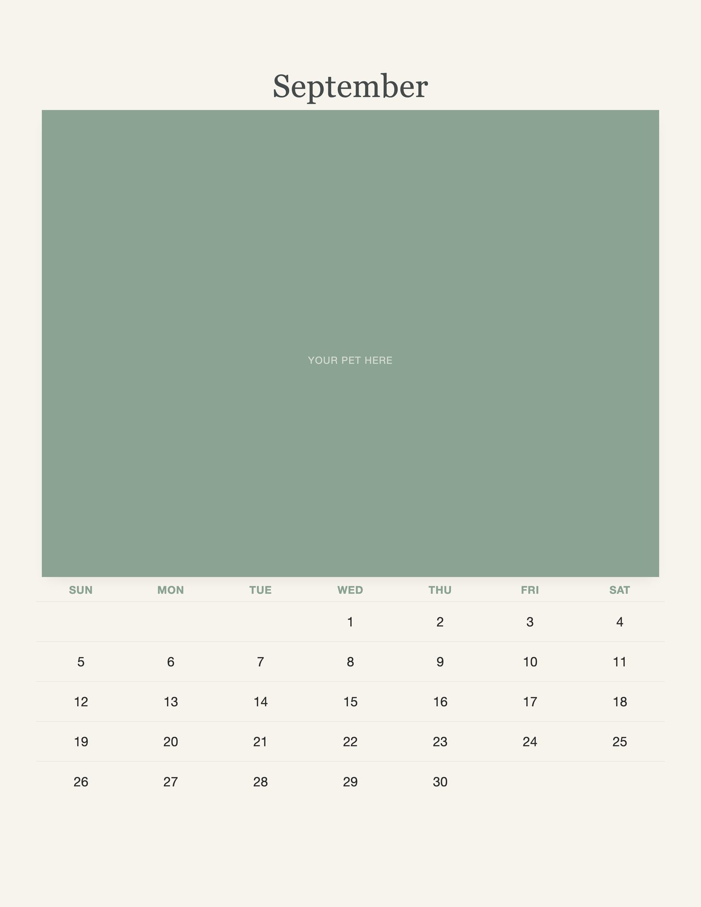 September page of the Watercolor Pet Photo Calendar 2027 — Botanical Keepsake, with a photo area above the date grid