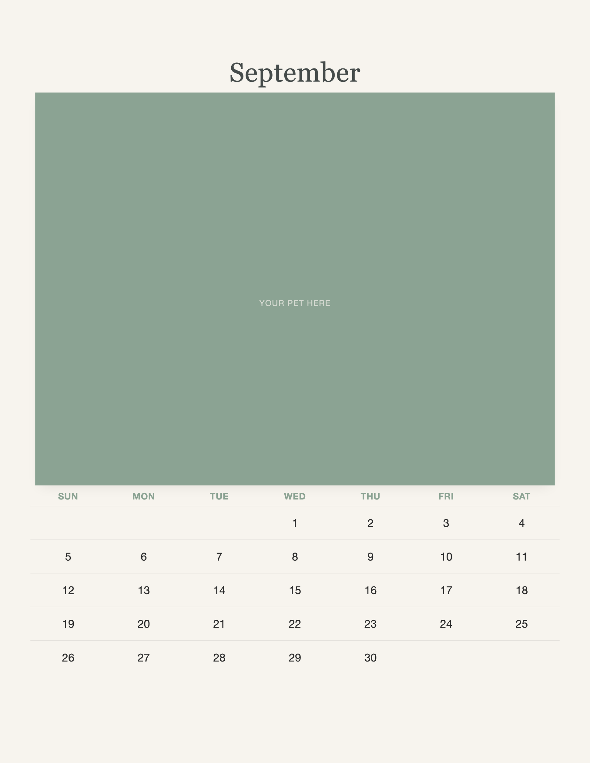 September page of the Watercolor Pet Photo Calendar 2027 — Botanical Keepsake, with a photo area above the date grid