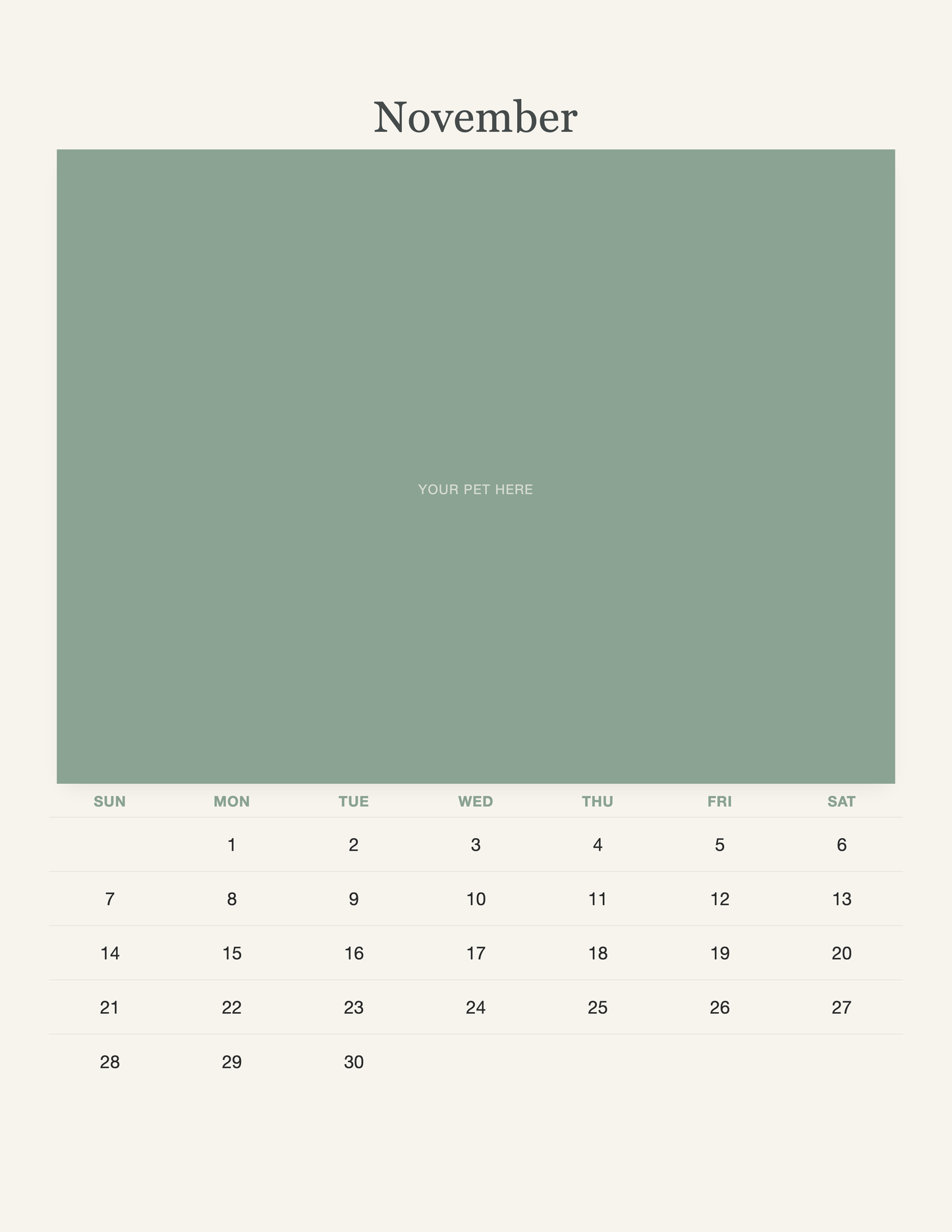 November page of the Watercolor Pet Photo Calendar 2027 — Botanical Keepsake, with a photo area above the date grid