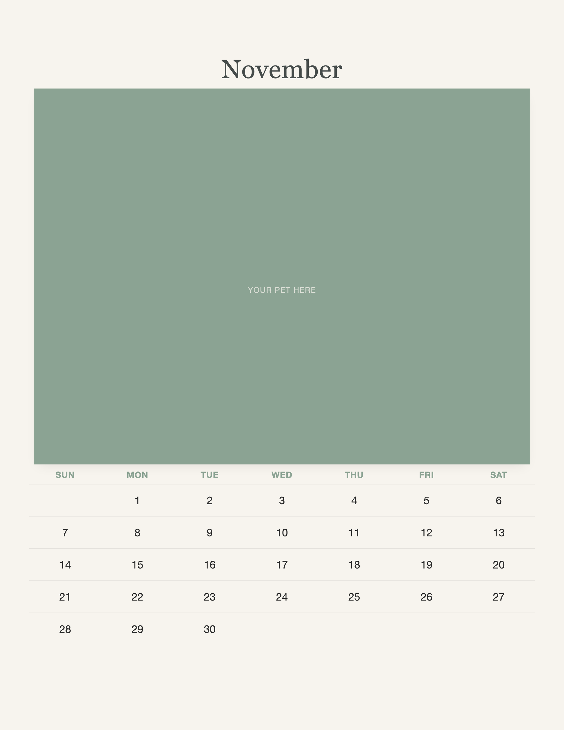 November page of the Watercolor Pet Photo Calendar 2027 — Botanical Keepsake, with a photo area above the date grid
