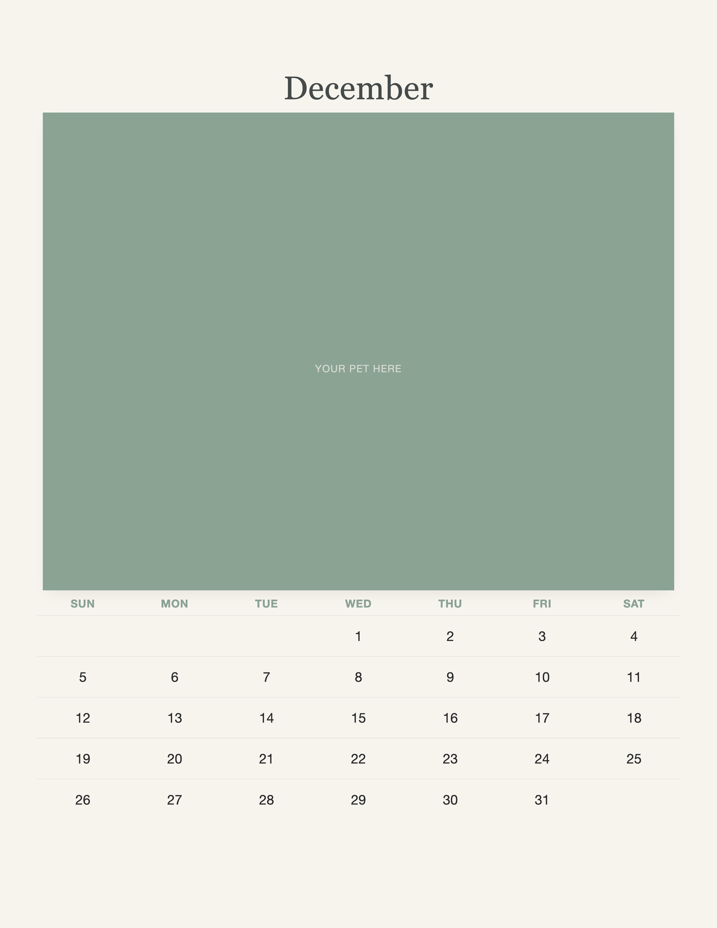 December page of the Watercolor Pet Photo Calendar 2027 — Botanical Keepsake, with a photo area above the date grid