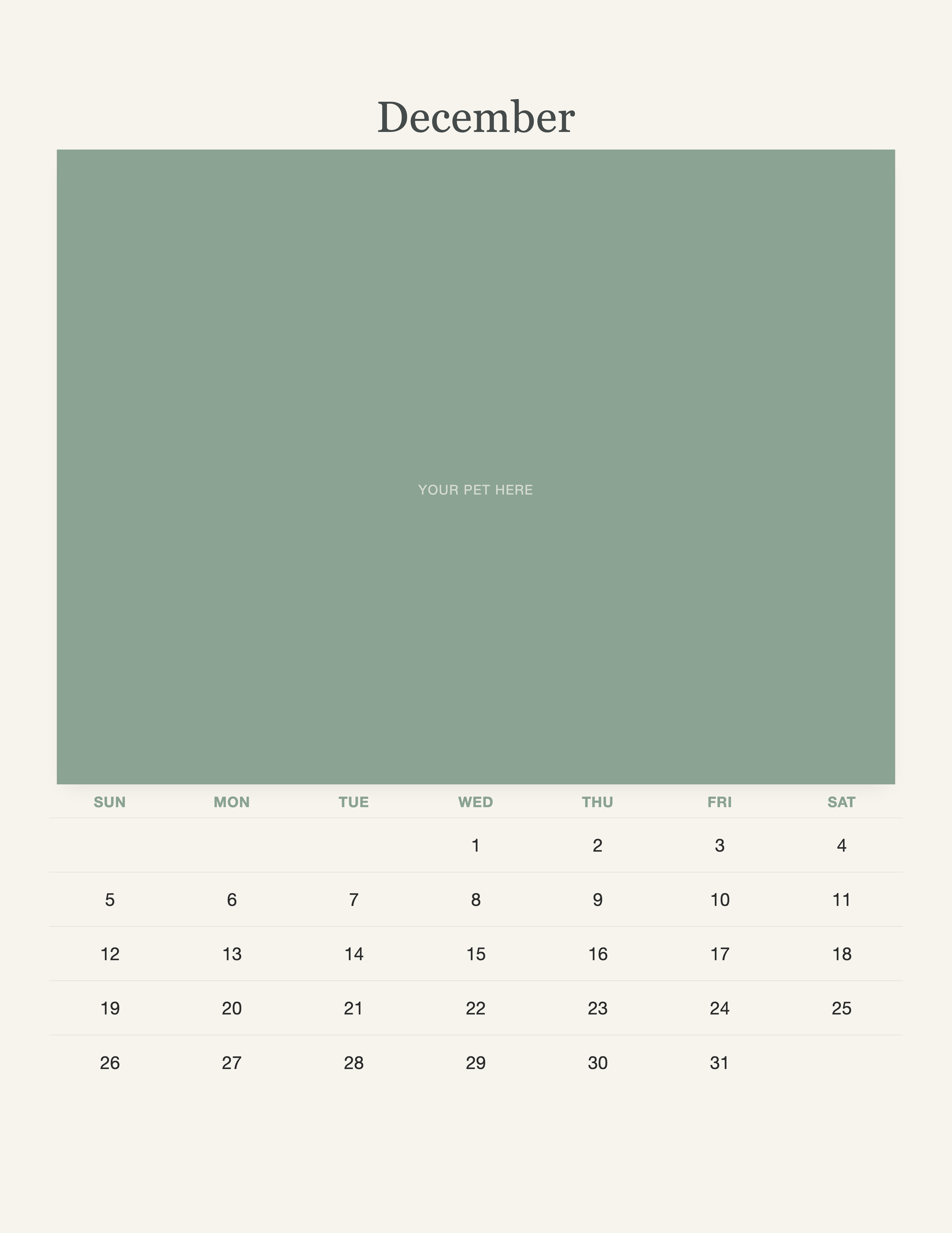 December page of the Watercolor Pet Photo Calendar 2027 — Botanical Keepsake, with a photo area above the date grid
