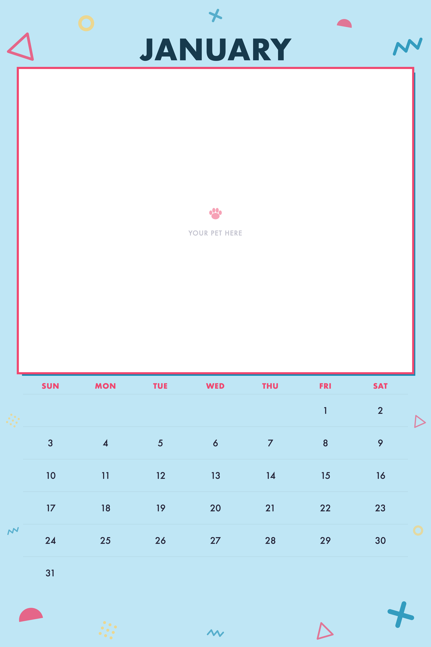 January page of the Personalized Pet Photo Calendar 2027 — XL Confetti Pop, with a photo area above the date grid