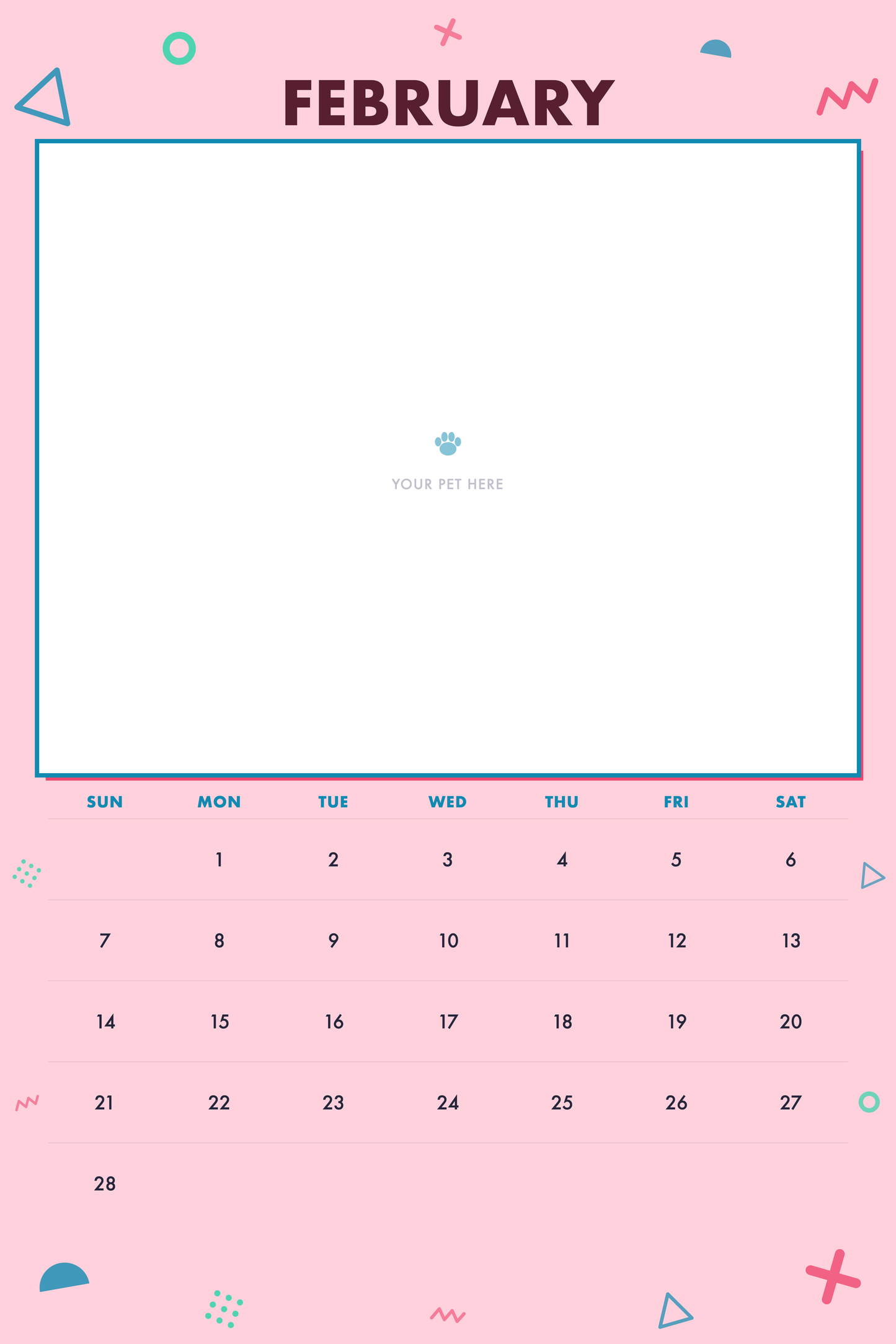 February page of the Personalized Pet Photo Calendar 2027 — XL Confetti Pop, with a photo area above the date grid