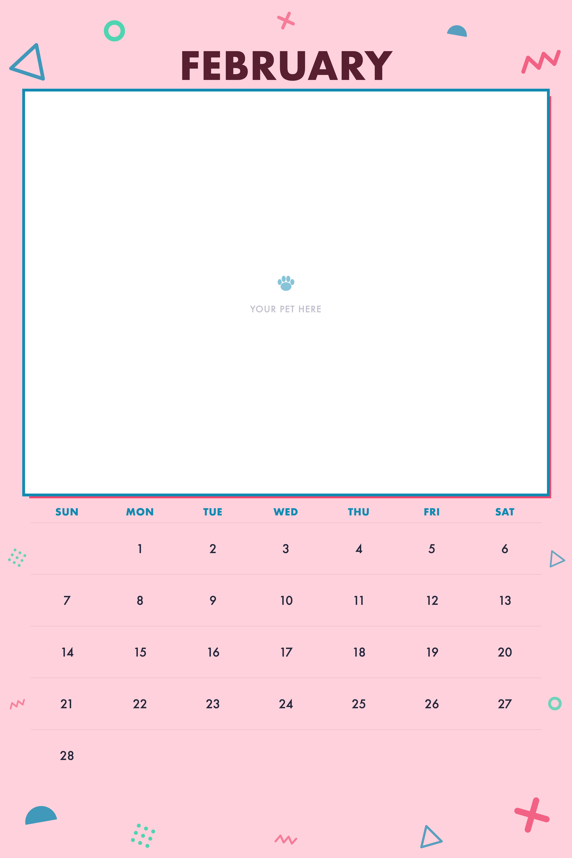 February page of the Personalized Pet Photo Calendar 2027 — XL Confetti Pop, with a photo area above the date grid