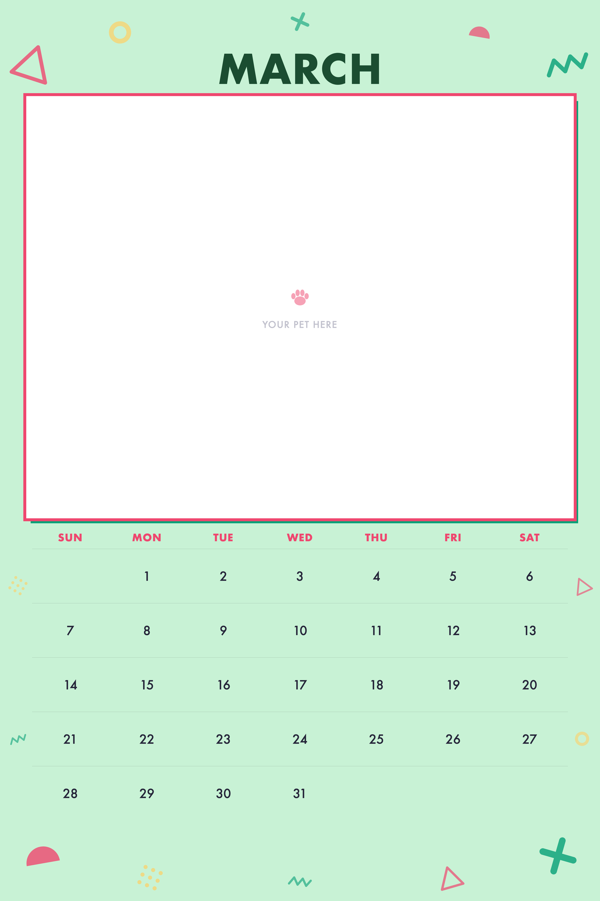 March page of the Personalized Pet Photo Calendar 2027 — XL Confetti Pop, with a photo area above the date grid