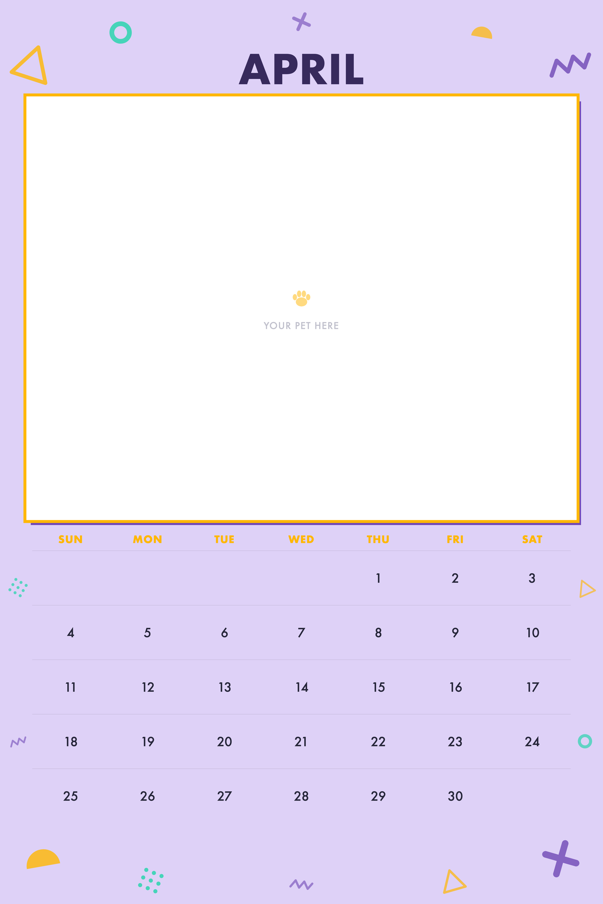 April page of the Personalized Pet Photo Calendar 2027 — XL Confetti Pop, with a photo area above the date grid