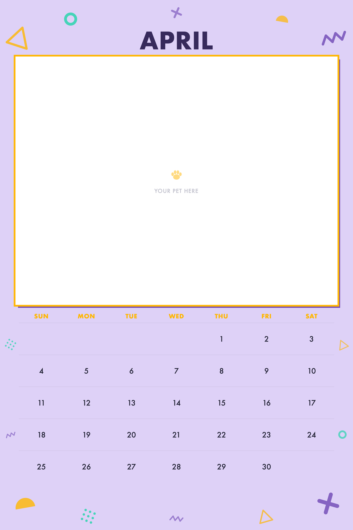 April page of the Personalized Pet Photo Calendar 2027 — XL Confetti Pop, with a photo area above the date grid