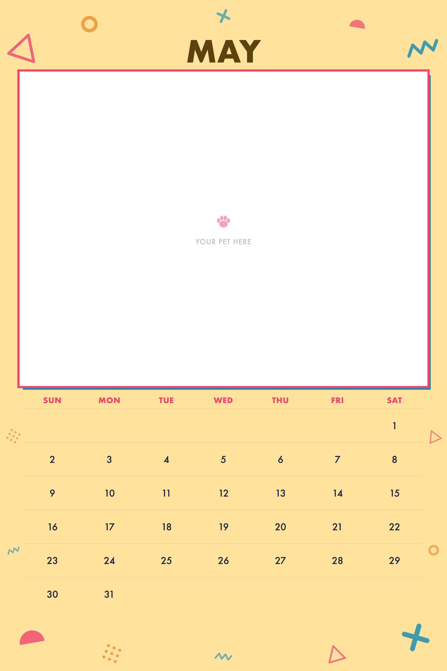 May page of the Personalized Pet Photo Calendar 2027 — XL Confetti Pop, with a photo area above the date grid