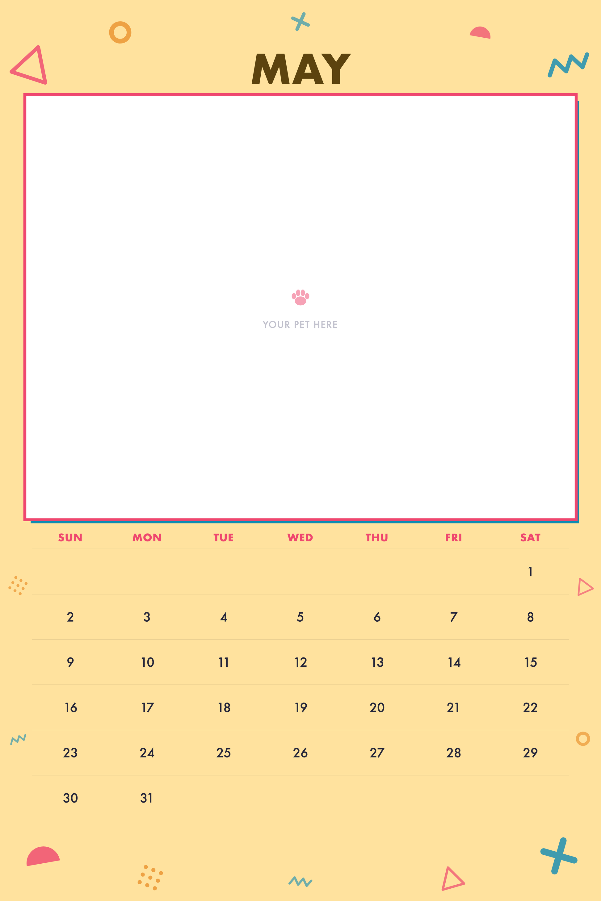 May page of the Personalized Pet Photo Calendar 2027 — XL Confetti Pop, with a photo area above the date grid