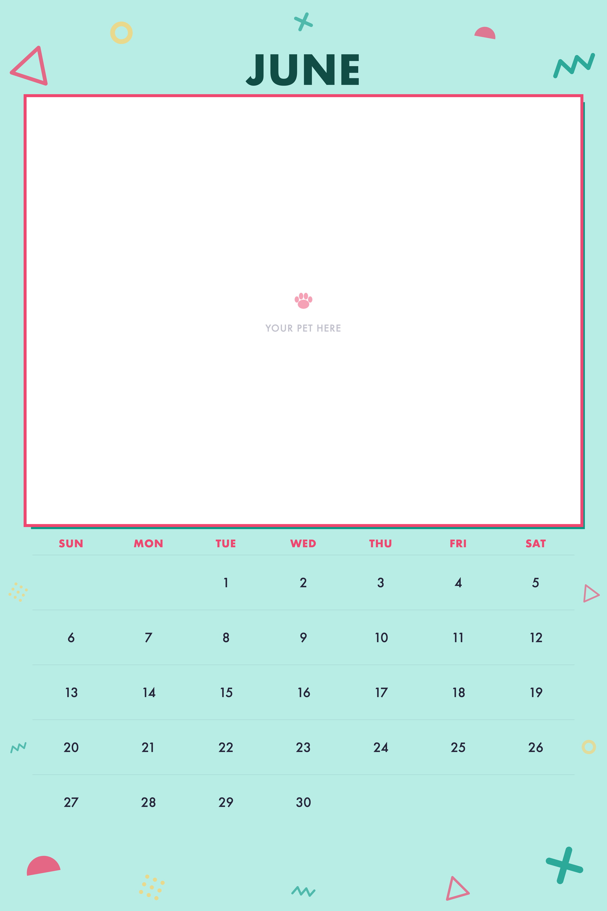 June page of the Personalized Pet Photo Calendar 2027 — XL Confetti Pop, with a photo area above the date grid