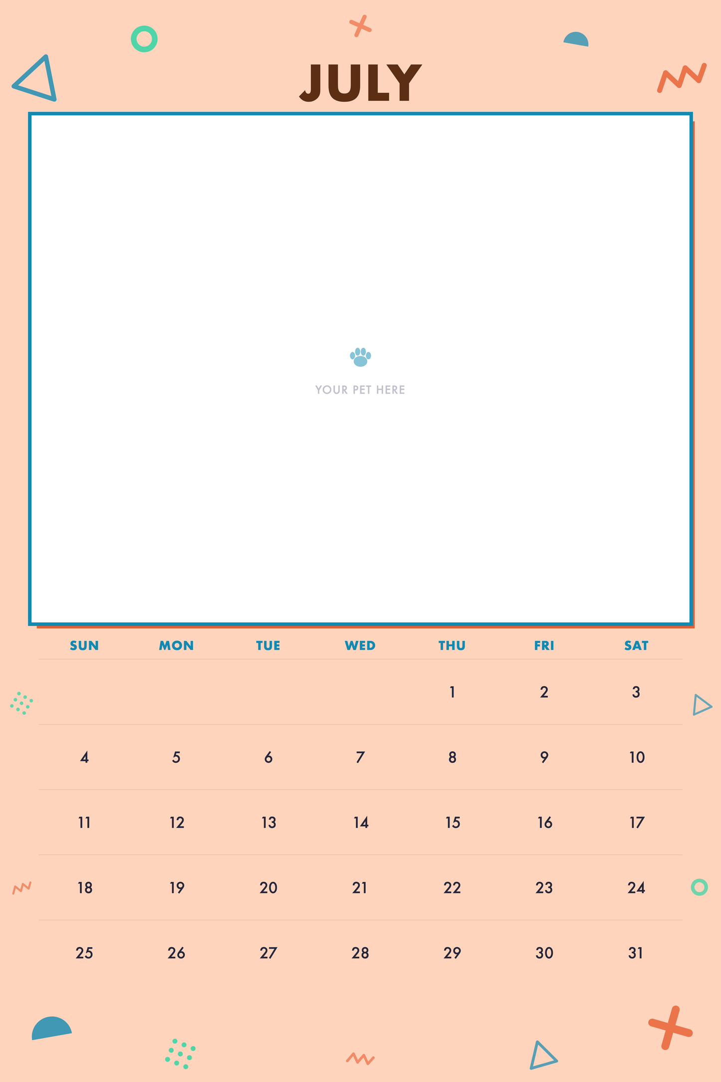 July page of the Personalized Pet Photo Calendar 2027 — XL Confetti Pop, with a photo area above the date grid