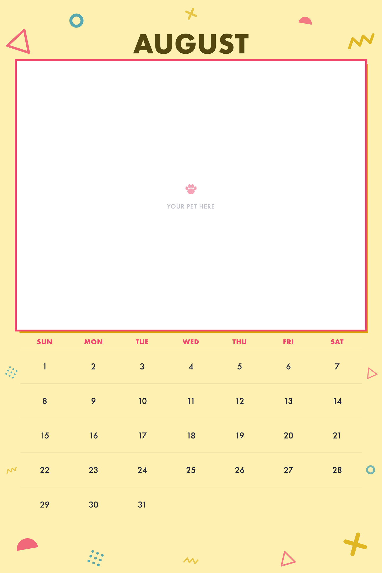 August page of the Personalized Pet Photo Calendar 2027 — XL Confetti Pop, with a photo area above the date grid