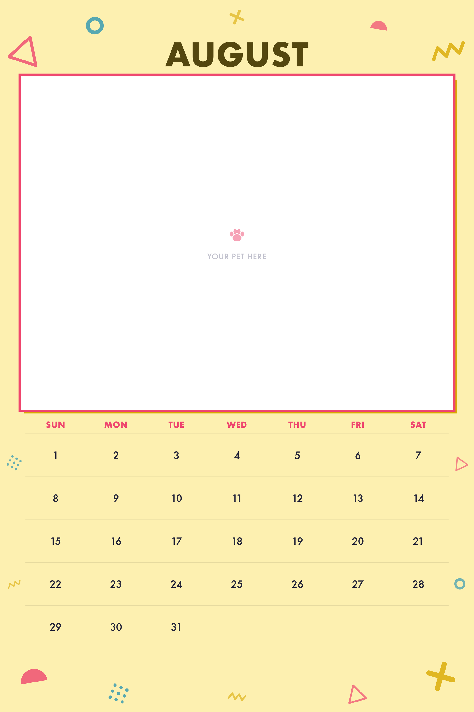 August page of the Personalized Pet Photo Calendar 2027 — XL Confetti Pop, with a photo area above the date grid