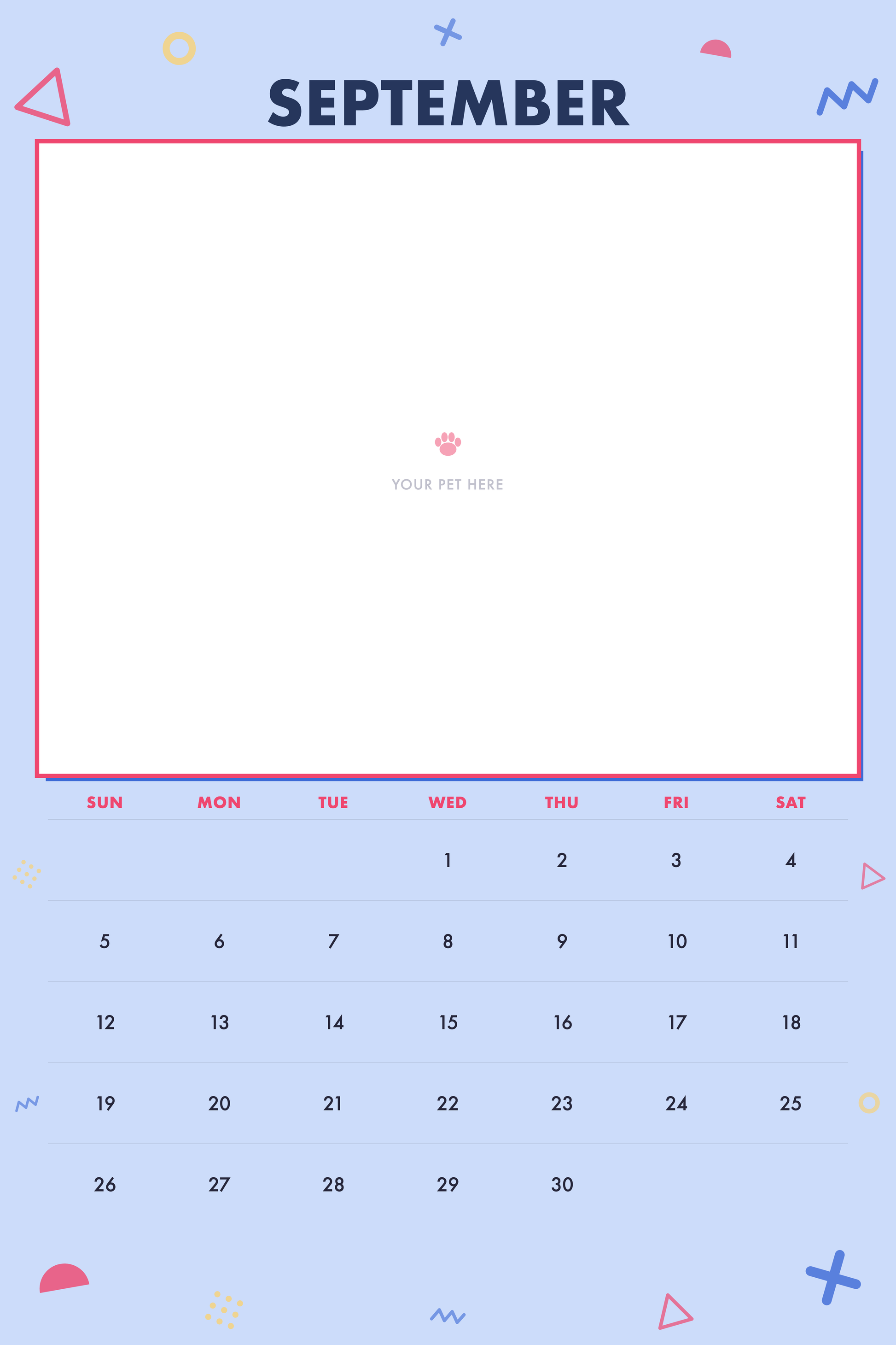 September page of the Personalized Pet Photo Calendar 2027 — XL Confetti Pop, with a photo area above the date grid