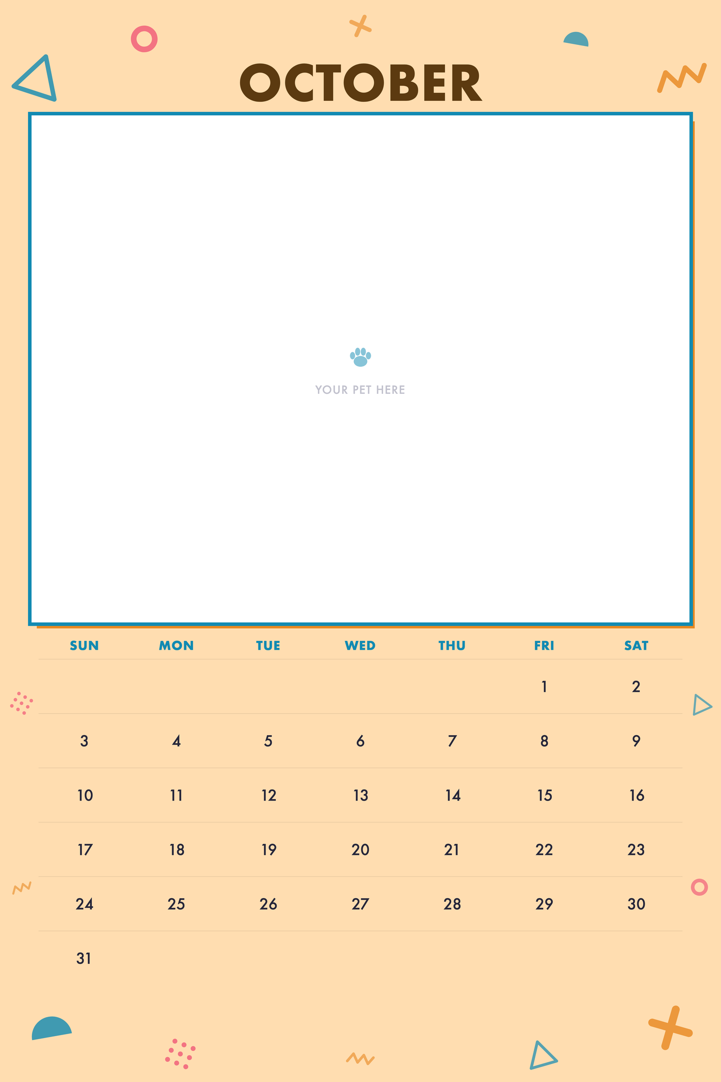 October page of the Personalized Pet Photo Calendar 2027 — XL Confetti Pop, with a photo area above the date grid