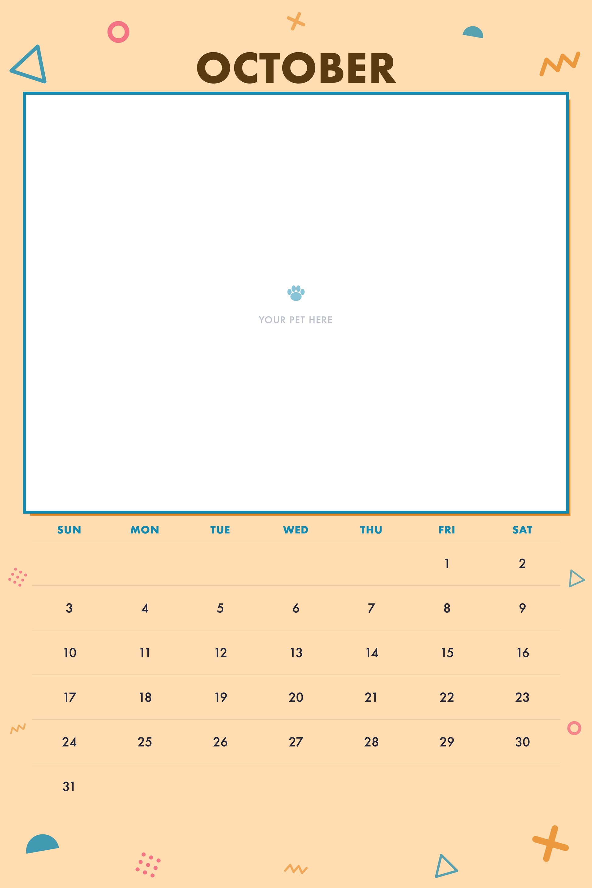 October page of the Personalized Pet Photo Calendar 2027 — XL Confetti Pop, with a photo area above the date grid