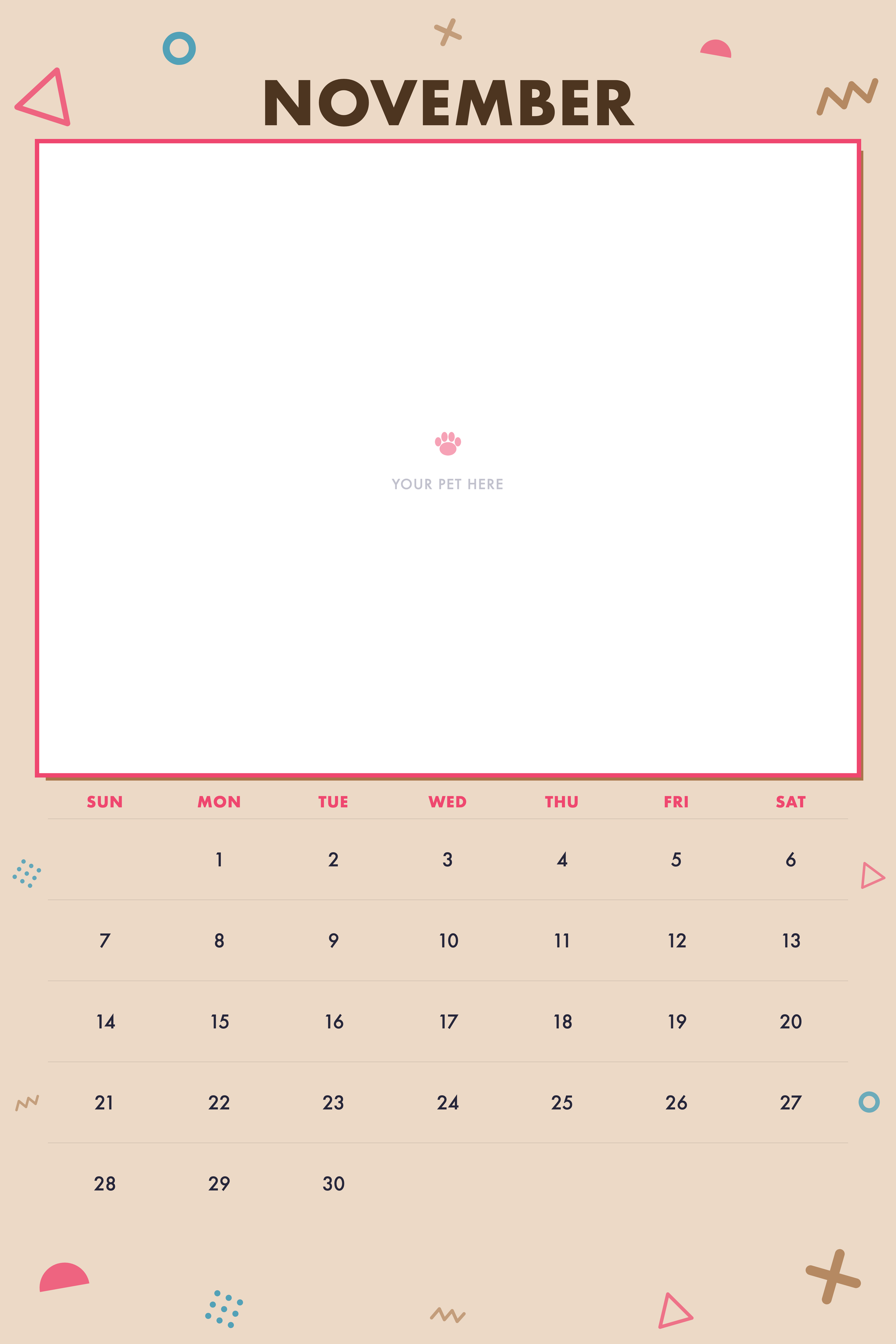 November page of the Personalized Pet Photo Calendar 2027 — XL Confetti Pop, with a photo area above the date grid