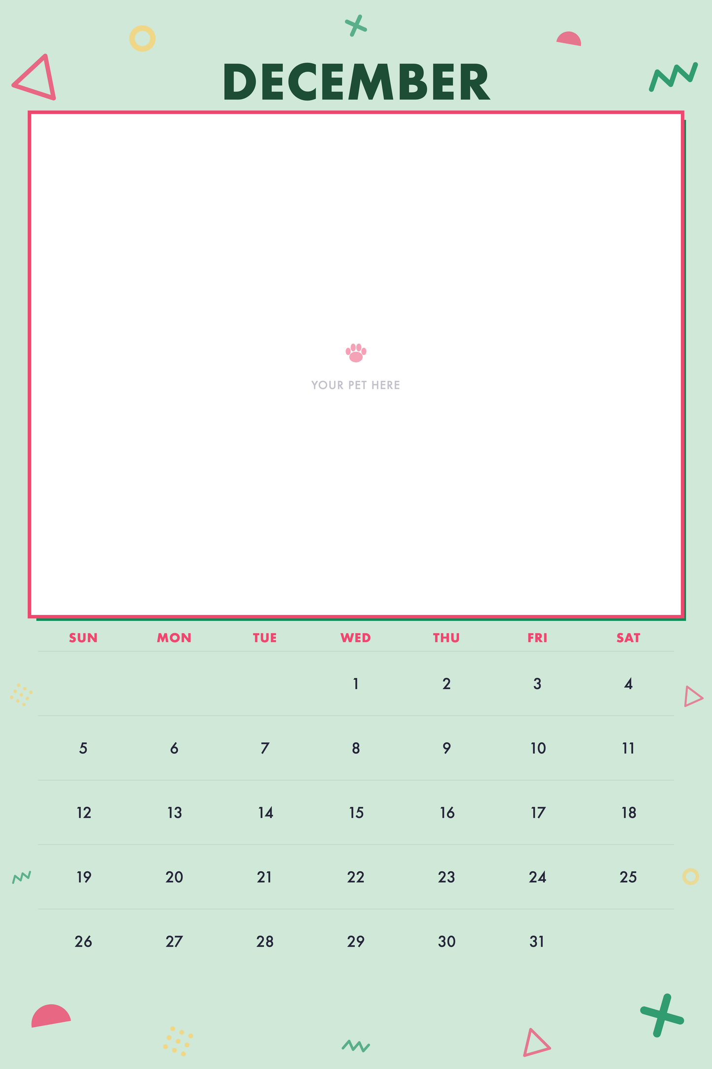December page of the Personalized Pet Photo Calendar 2027 — XL Confetti Pop, with a photo area above the date grid