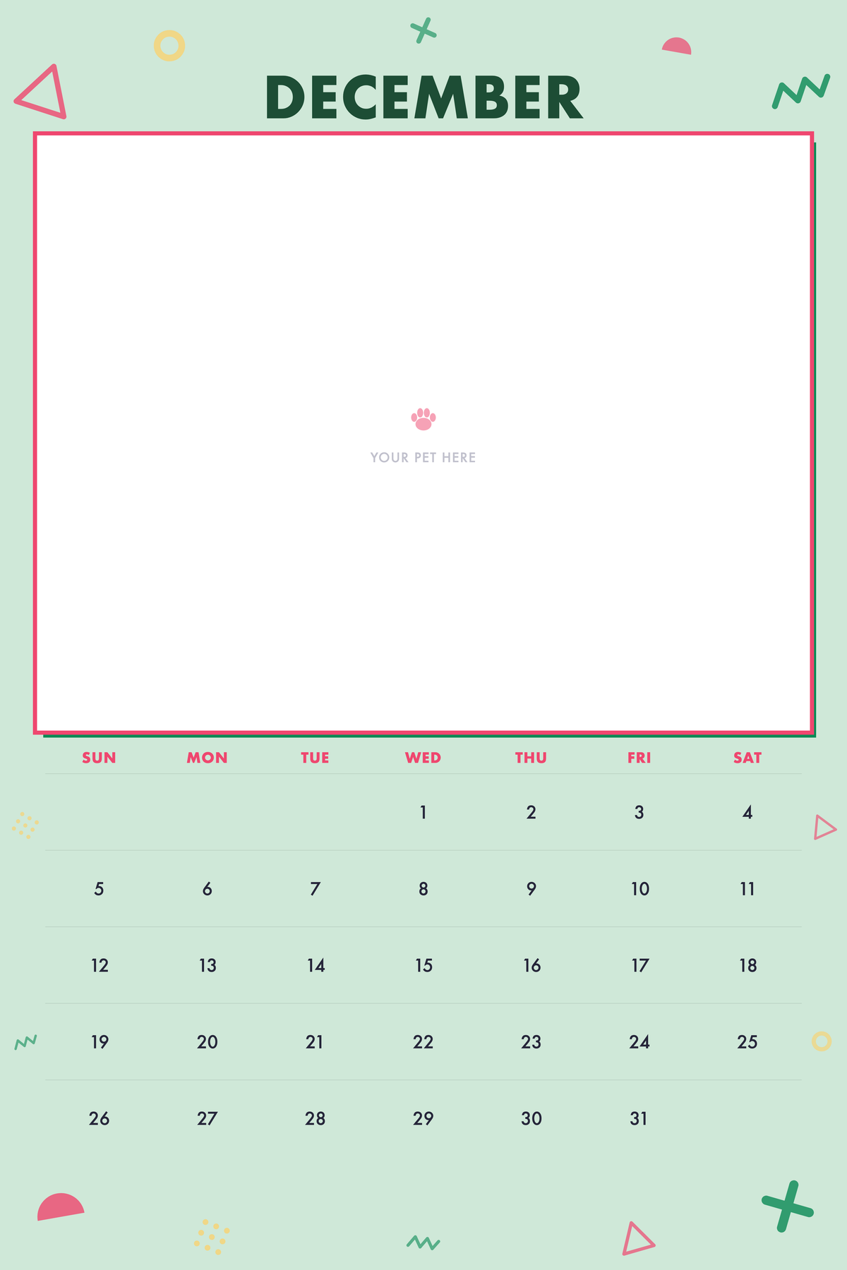 December page of the Personalized Pet Photo Calendar 2027 — XL Confetti Pop, with a photo area above the date grid