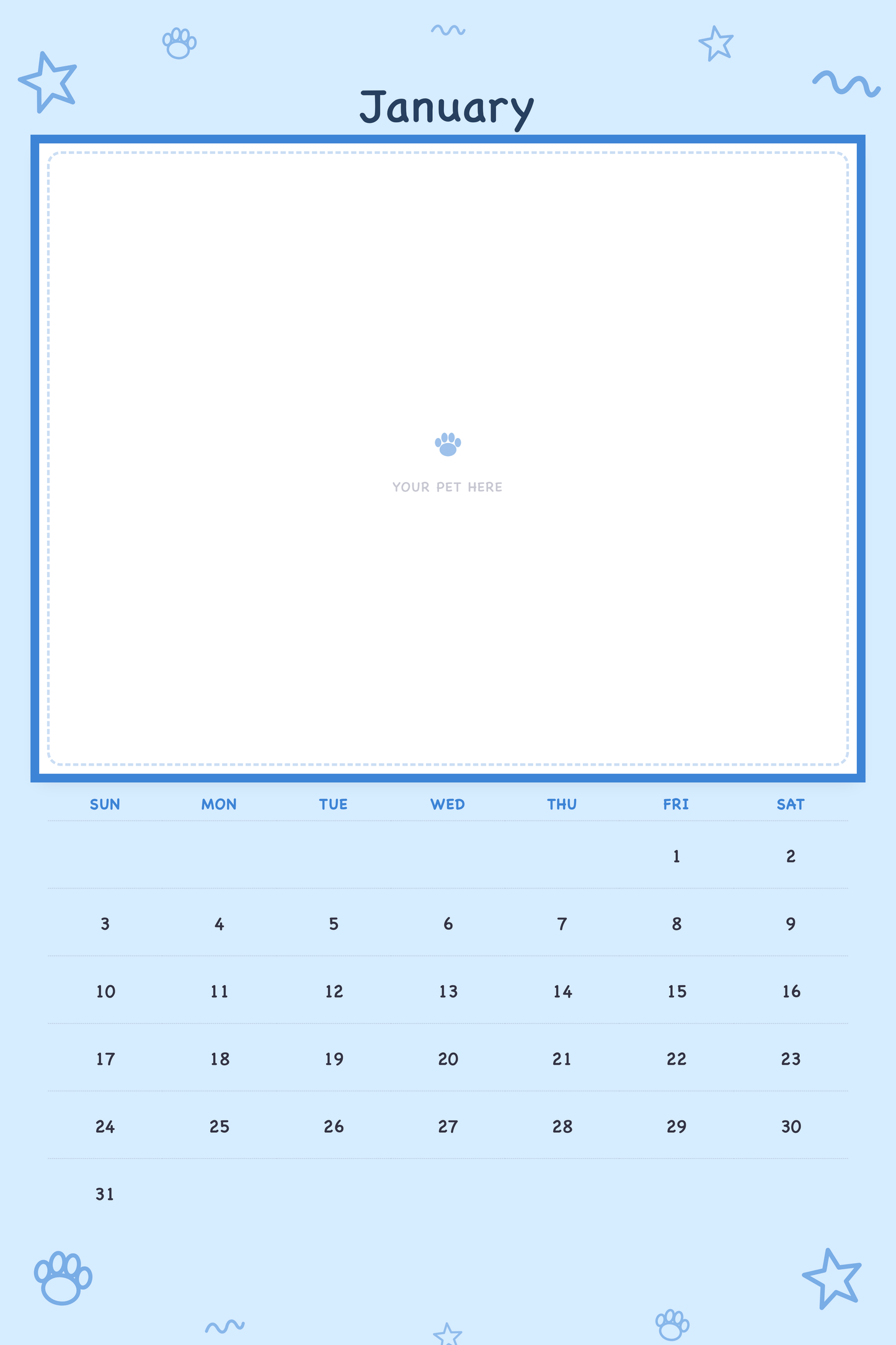 January page of the Personalized Pet Photo Calendar 2027 — XL Playful Doodle, with a photo area above the date grid