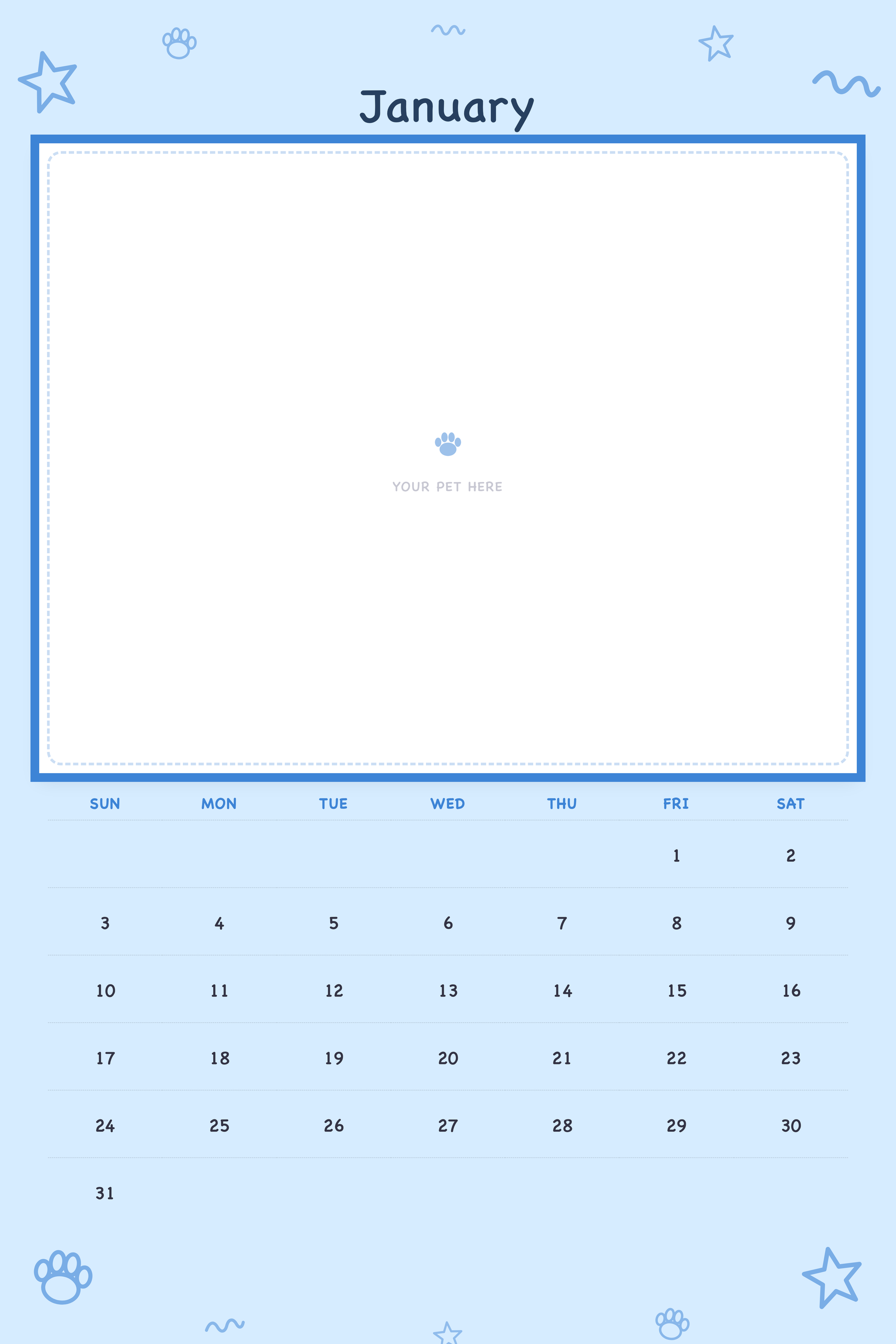 January page of the Personalized Pet Photo Calendar 2027 — XL Playful Doodle, with a photo area above the date grid