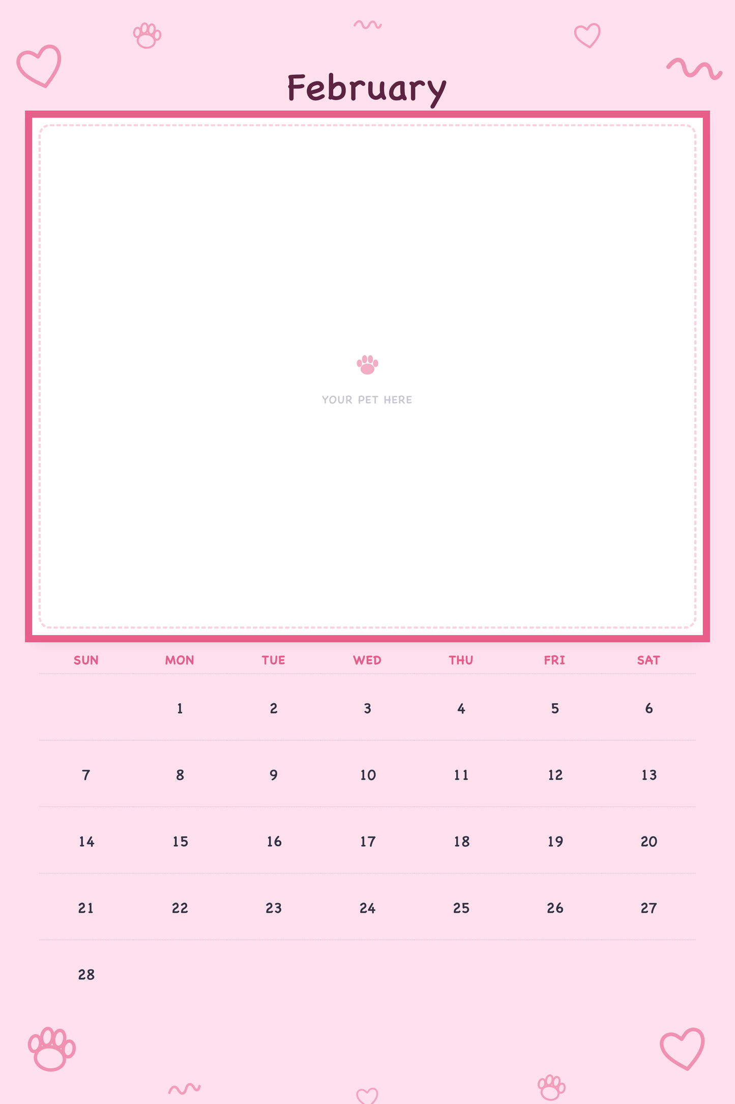 February page of the Personalized Pet Photo Calendar 2027 — XL Playful Doodle, with a photo area above the date grid