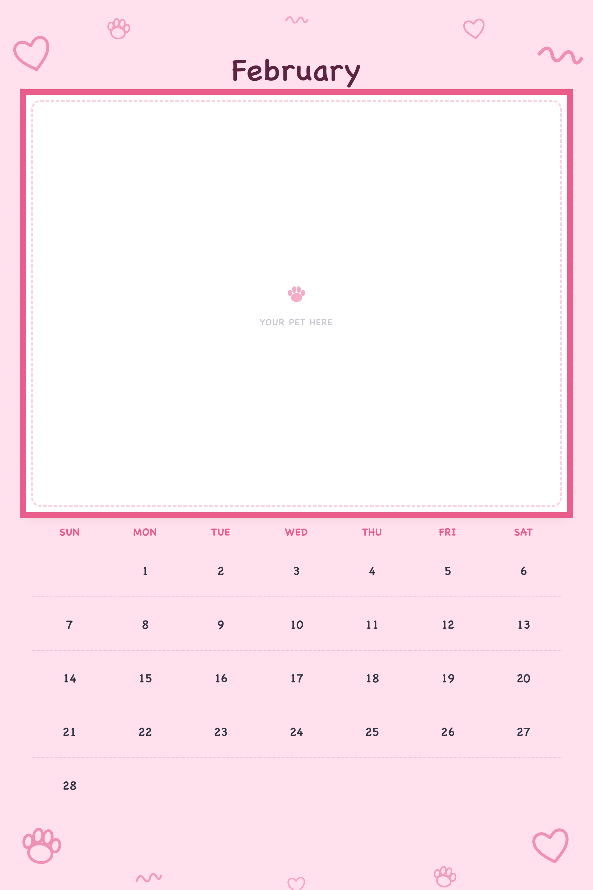 February page of the Personalized Pet Photo Calendar 2027 — XL Playful Doodle, with a photo area above the date grid