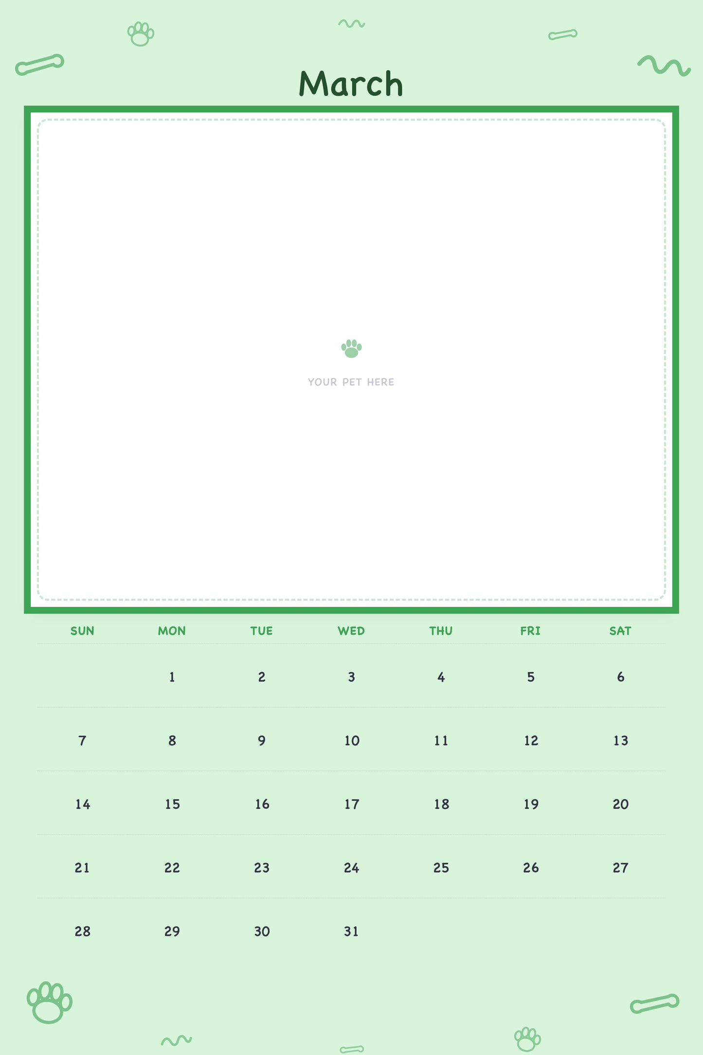 March page of the Personalized Pet Photo Calendar 2027 — XL Playful Doodle, with a photo area above the date grid