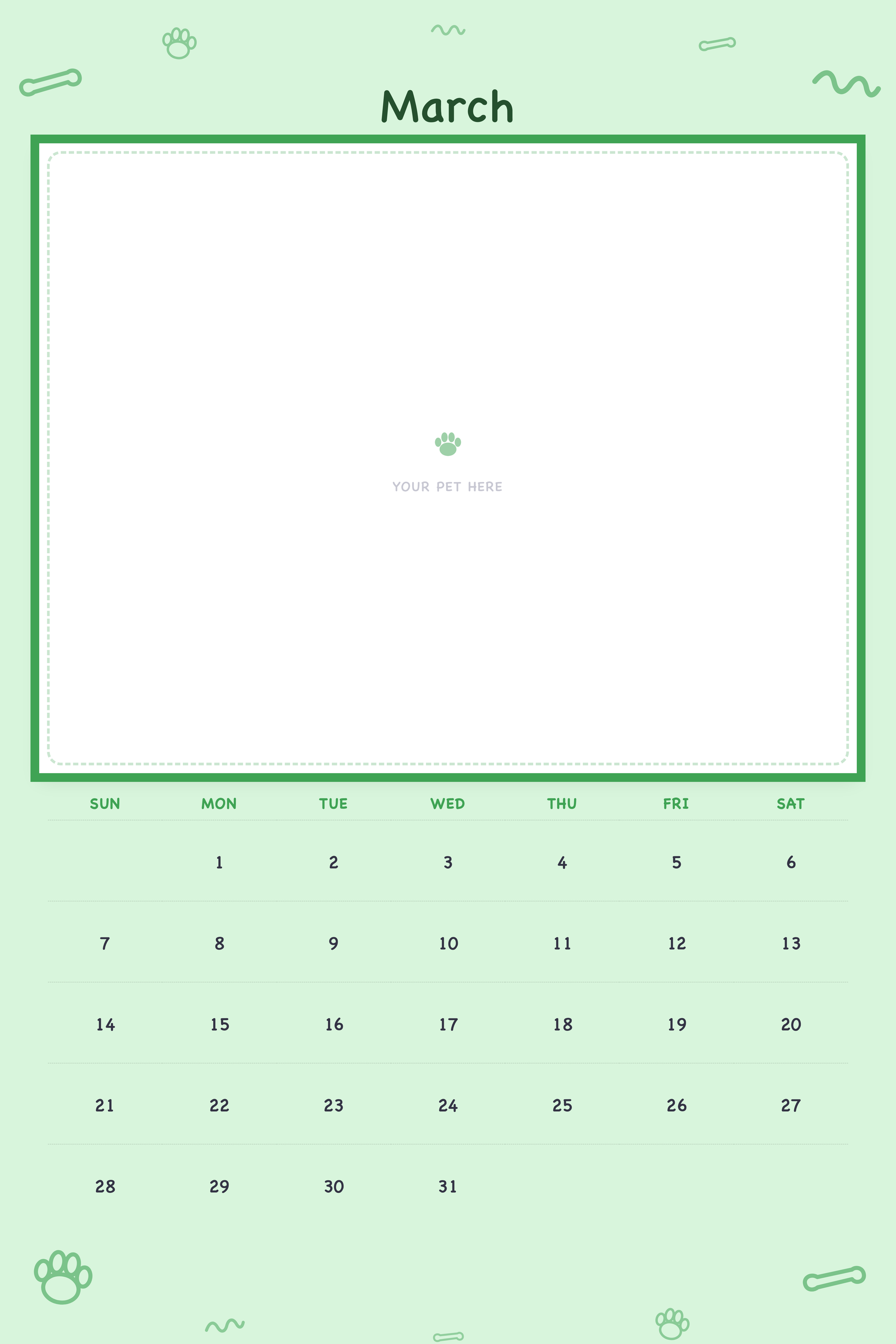 March page of the Personalized Pet Photo Calendar 2027 — XL Playful Doodle, with a photo area above the date grid