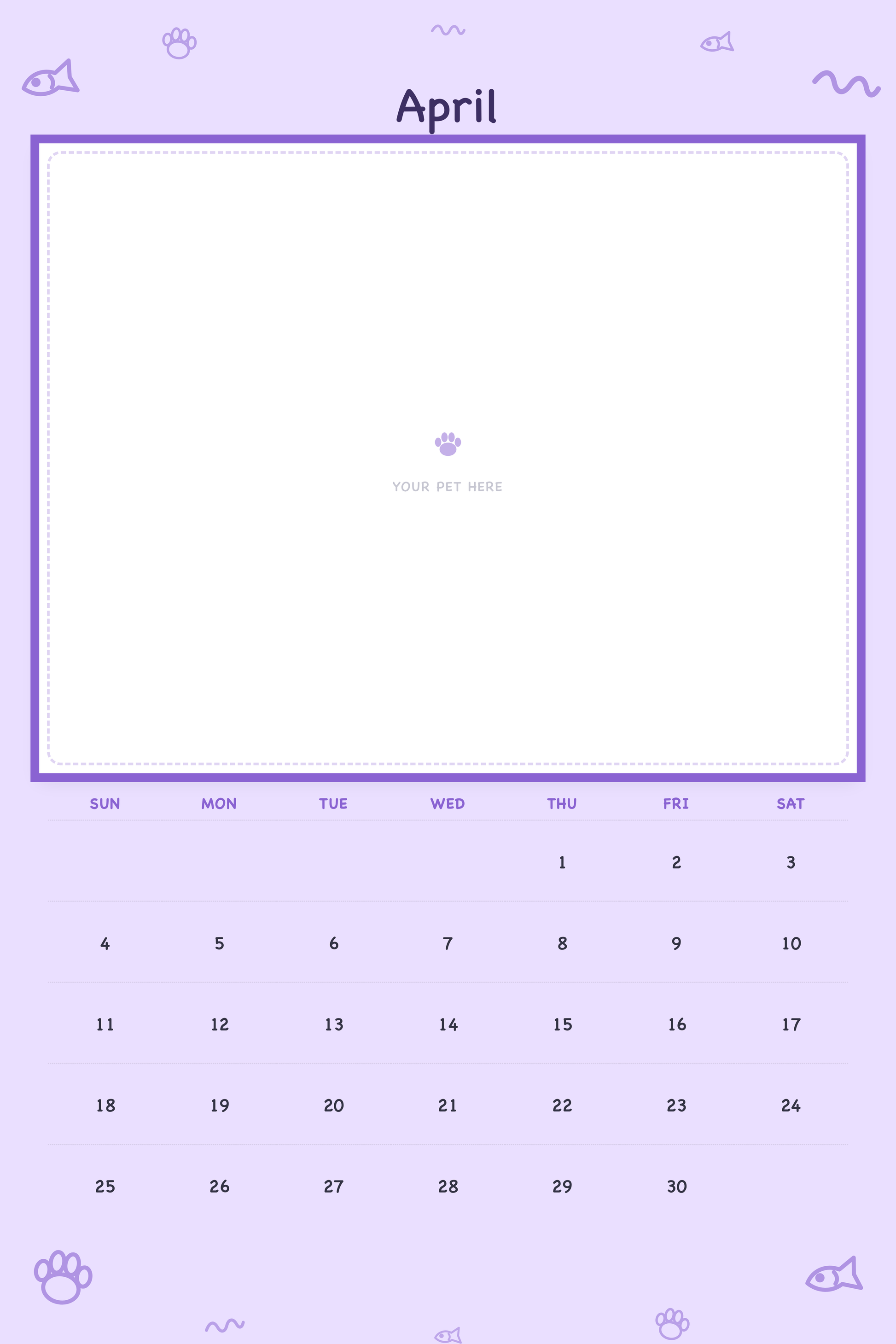 April page of the Personalized Pet Photo Calendar 2027 — XL Playful Doodle, with a photo area above the date grid