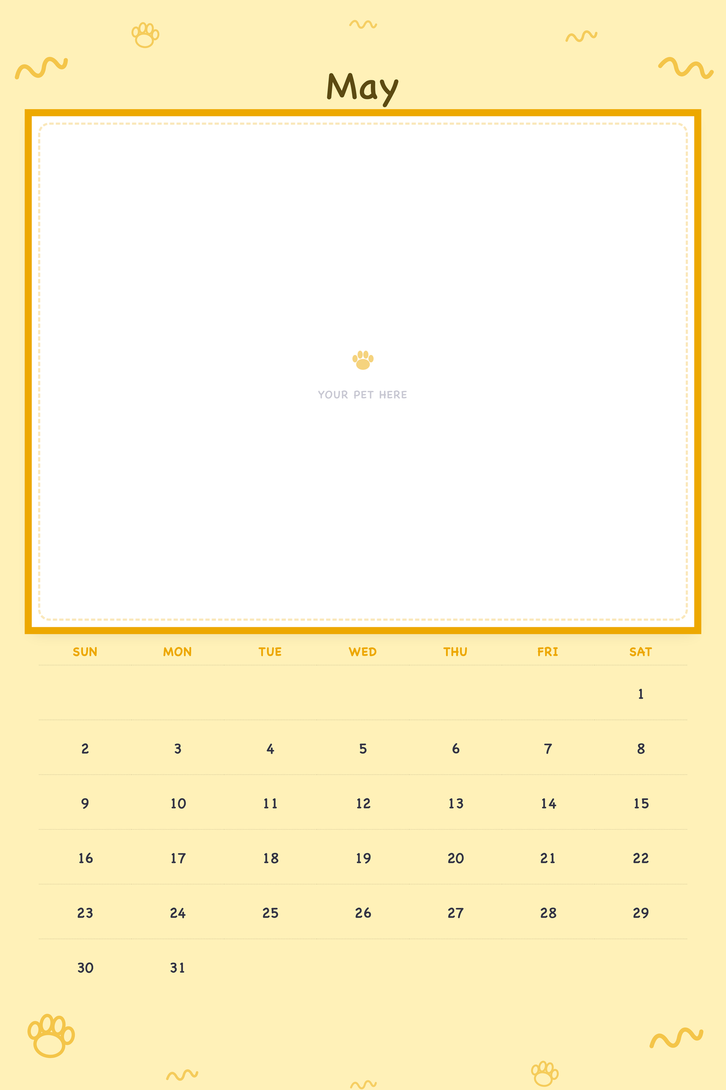 May page of the Personalized Pet Photo Calendar 2027 — XL Playful Doodle, with a photo area above the date grid