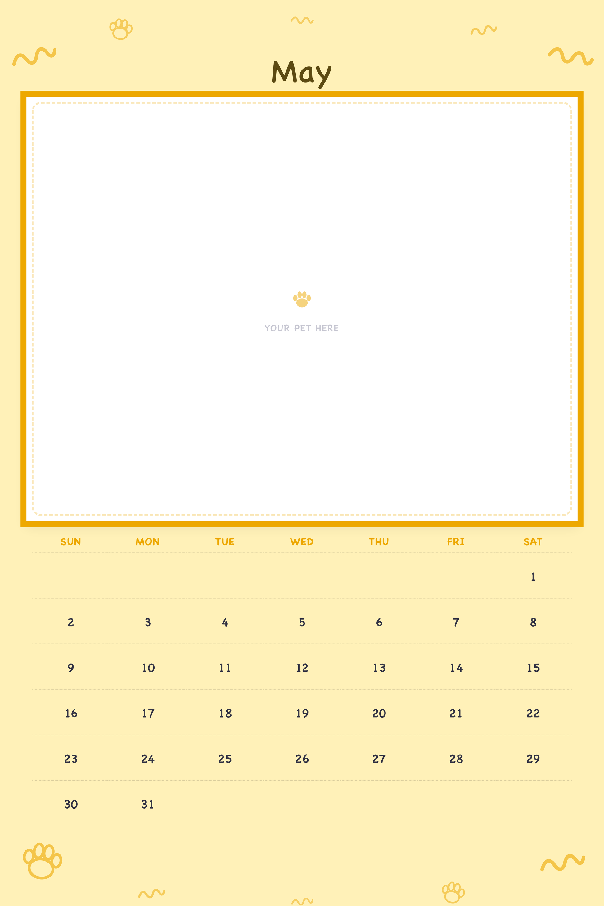 May page of the Personalized Pet Photo Calendar 2027 — XL Playful Doodle, with a photo area above the date grid