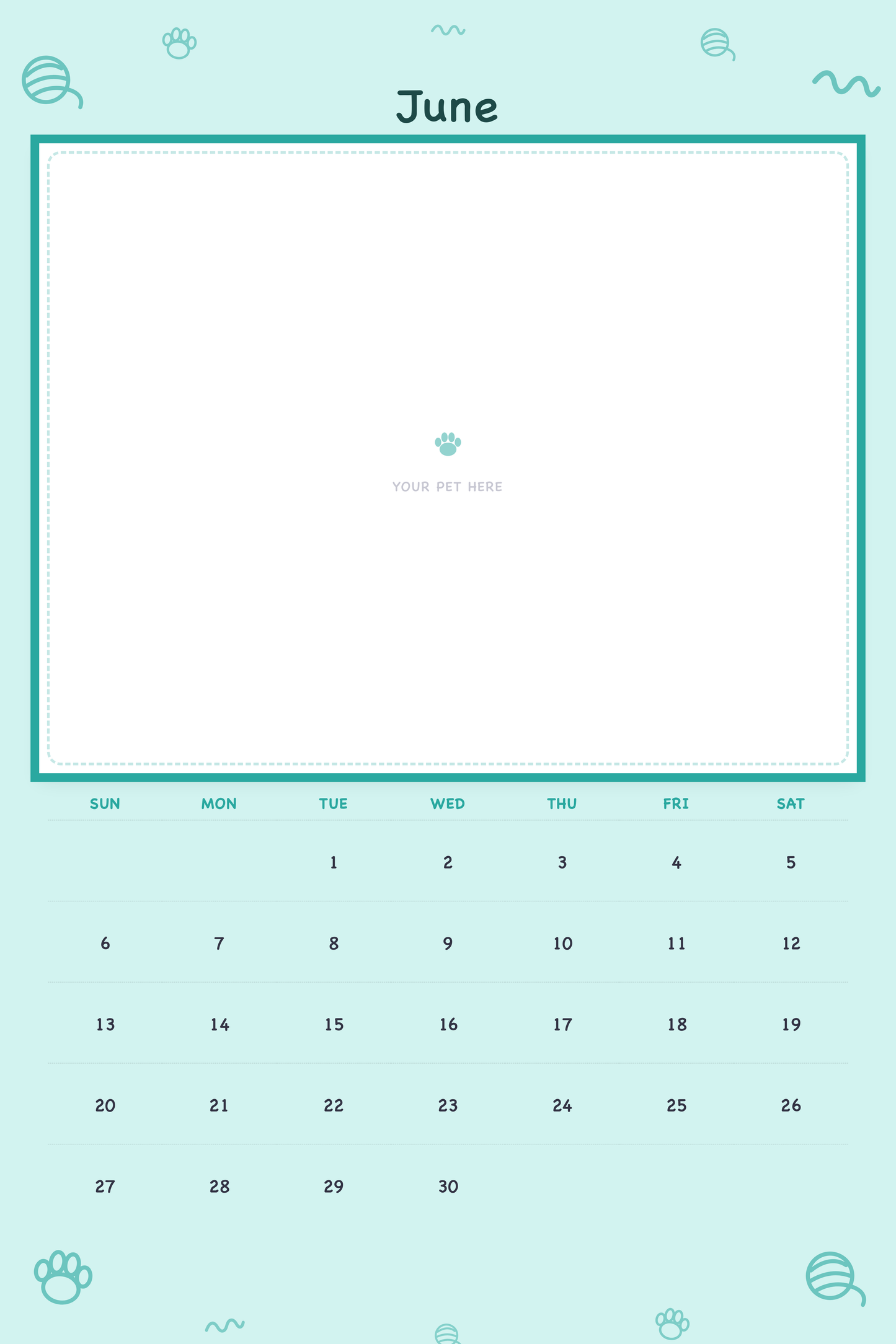 June page of the Personalized Pet Photo Calendar 2027 — XL Playful Doodle, with a photo area above the date grid
