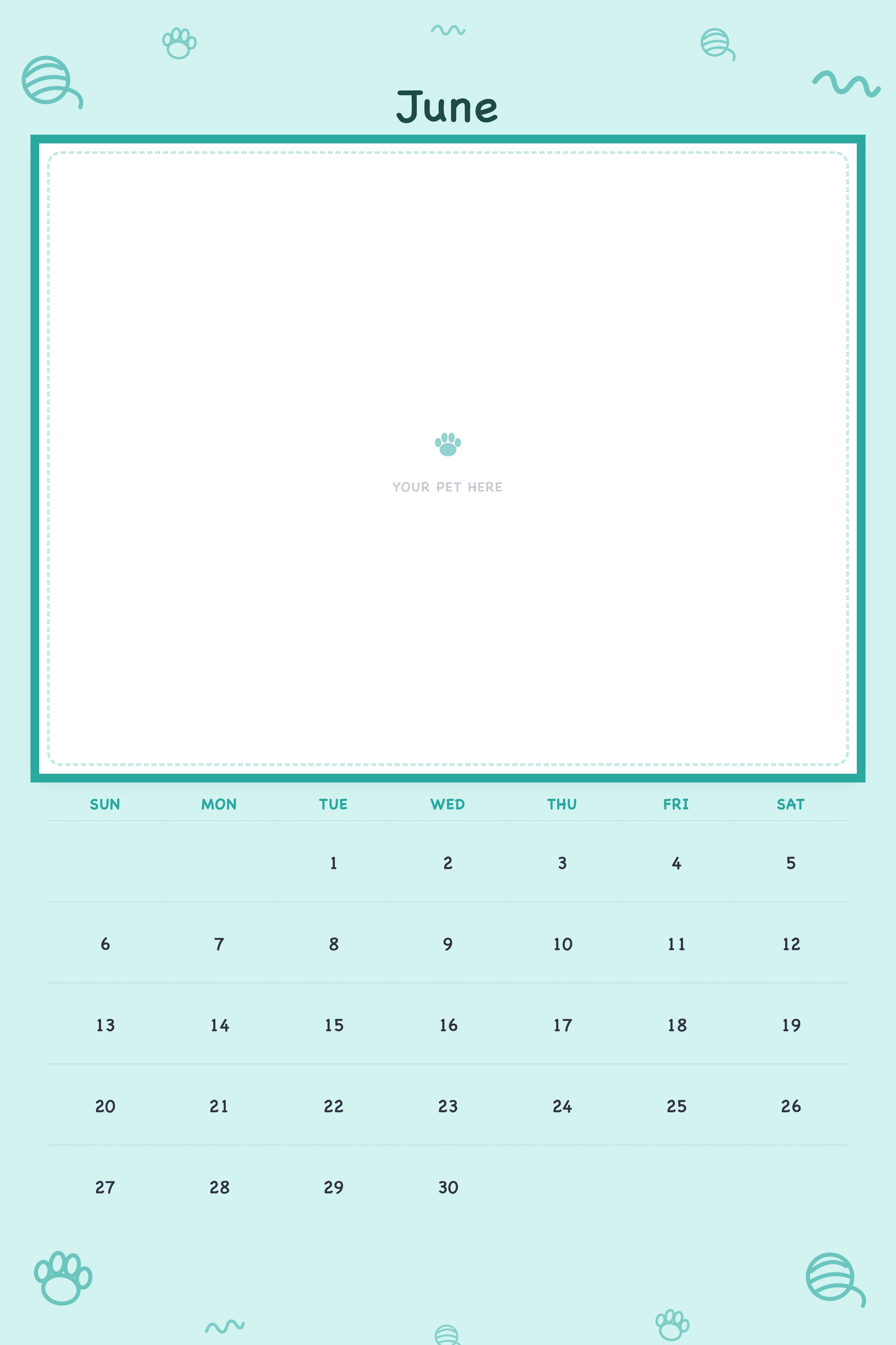 June page of the Personalized Pet Photo Calendar 2027 — XL Playful Doodle, with a photo area above the date grid