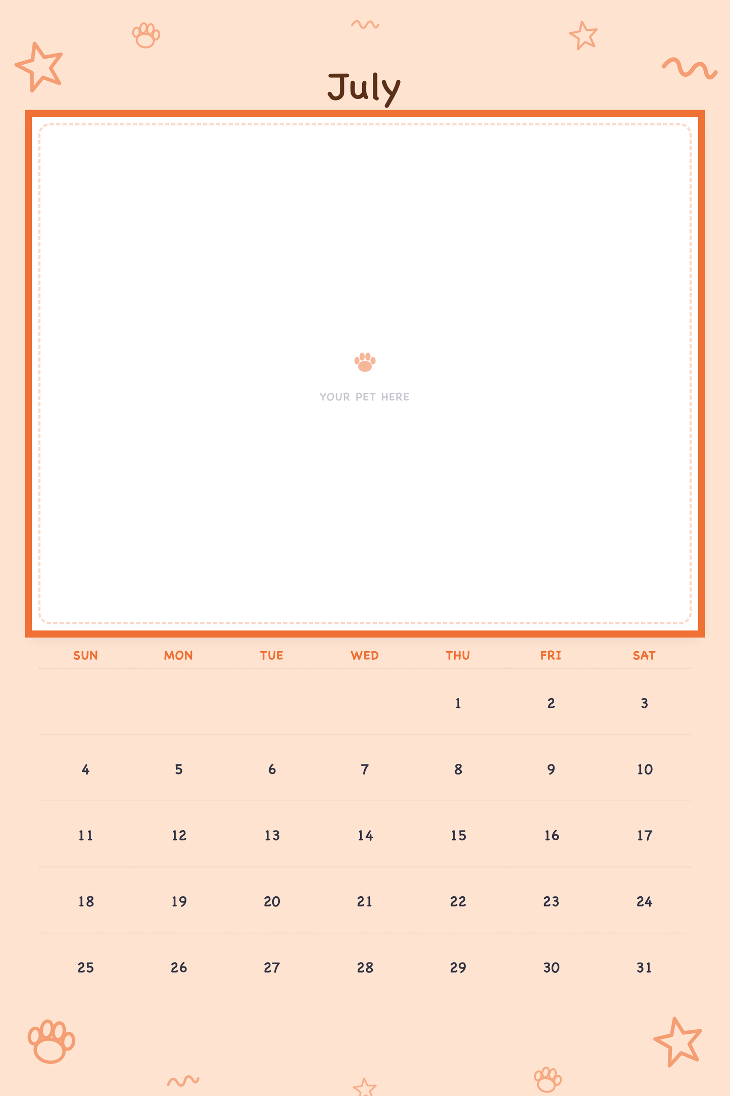 July page of the Personalized Pet Photo Calendar 2027 — XL Playful Doodle, with a photo area above the date grid