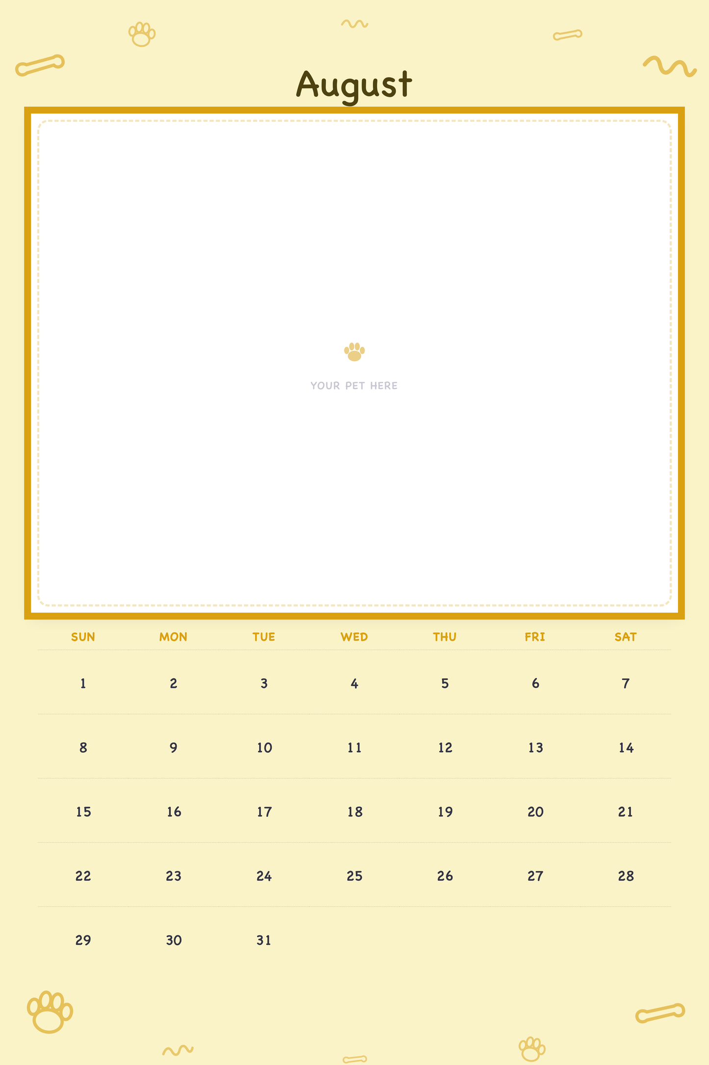 August page of the Personalized Pet Photo Calendar 2027 — XL Playful Doodle, with a photo area above the date grid
